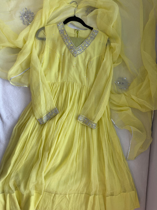 Neon lemon yellow kota anarkali set