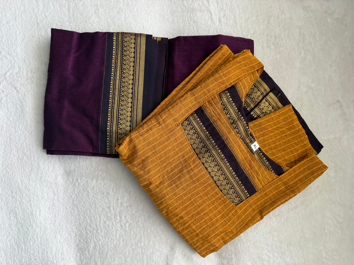 Yellow with Purple Handloom Checks Top and Dupatta Set