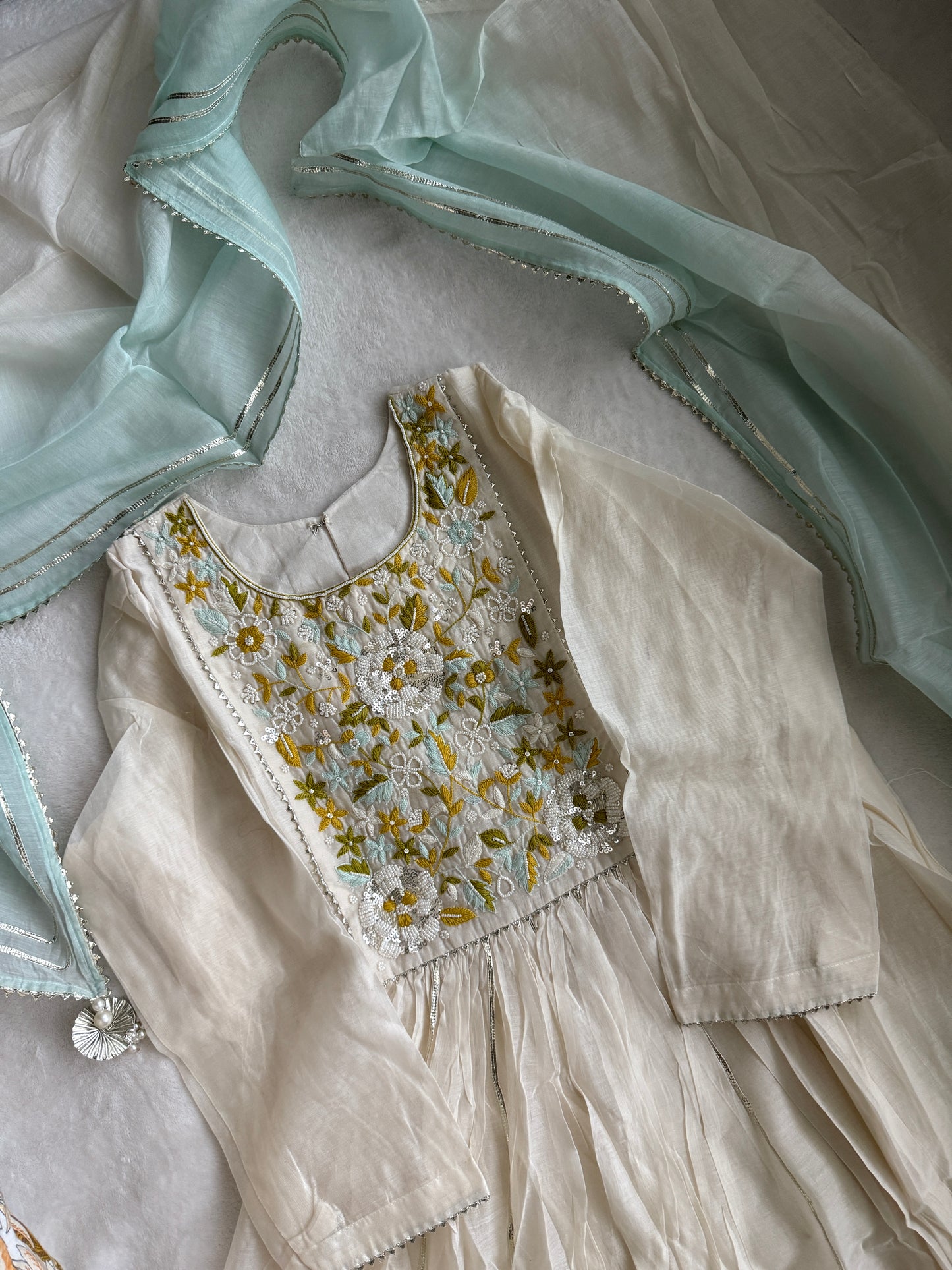 Ivory Mul Chanderi Anarkali Kurti Set – Elegant & Lightweight Festive Wear