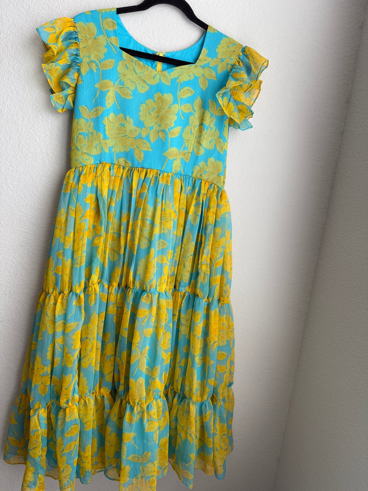Teal blue and yellow floral chiffon midi dress