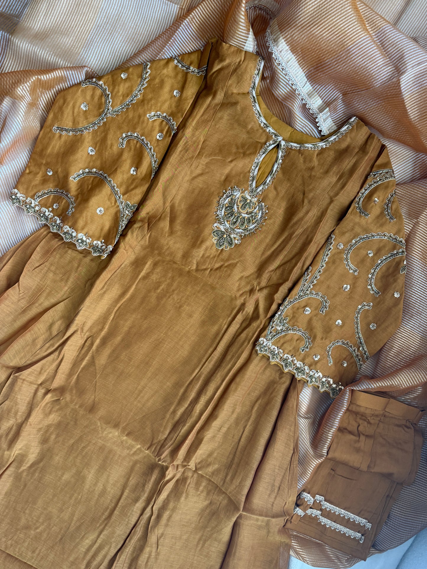 Coffee Brown Shade pure mul chanderi handwork suit set with tissue dupatta