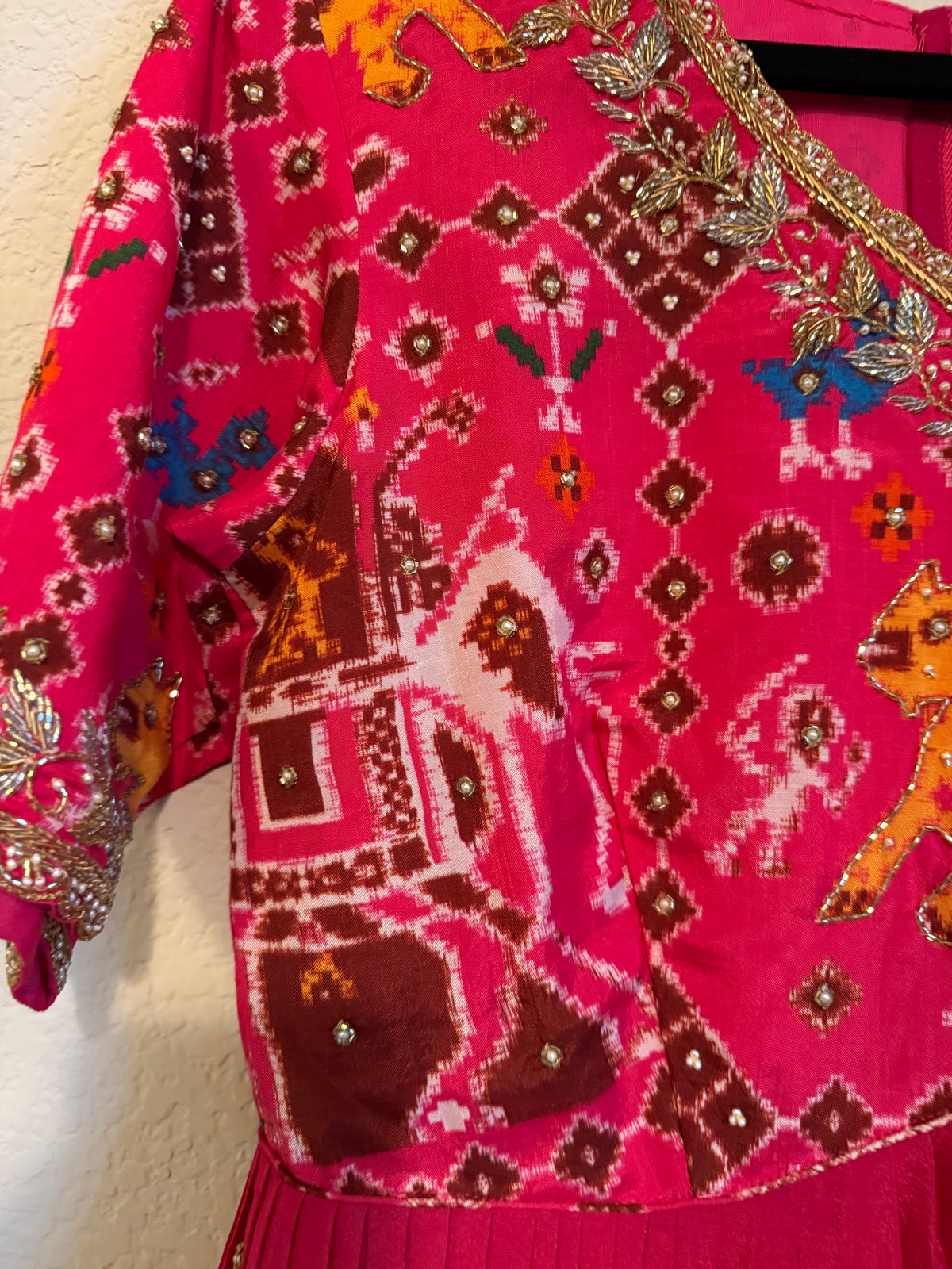 Pink Pure Patola Peplum Top with Skirt Set