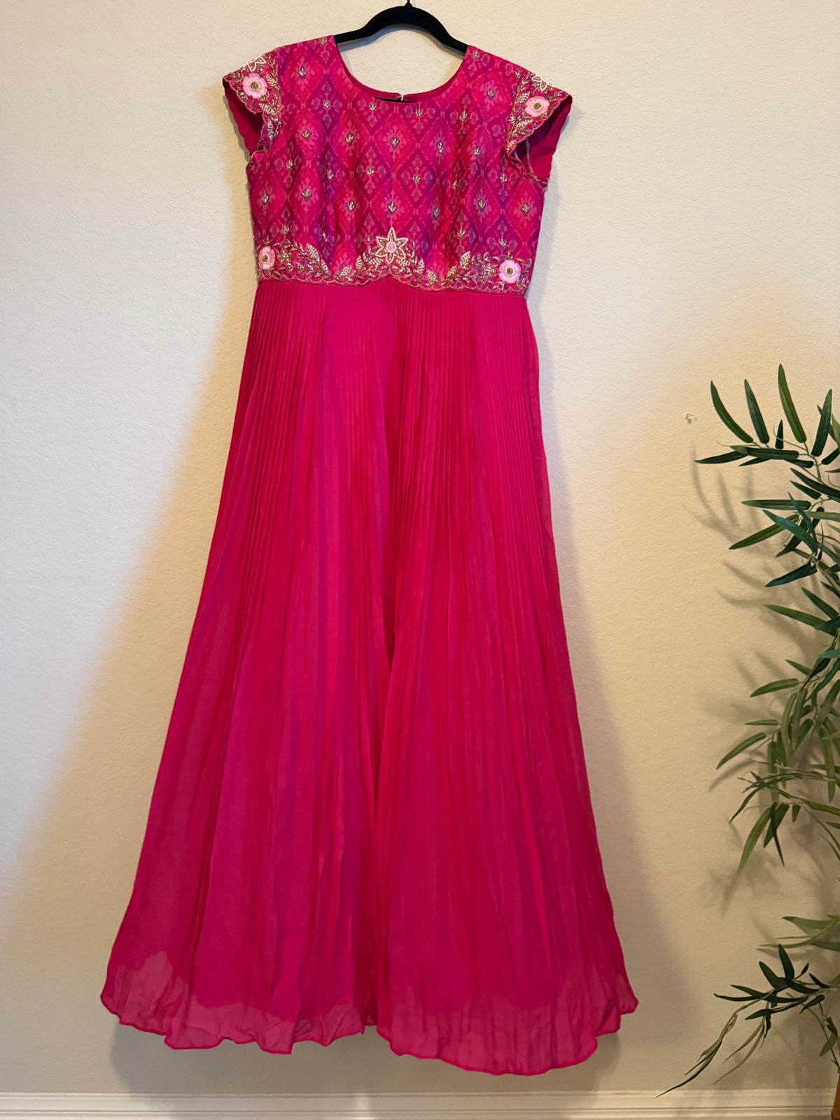 Pink Raw Silk Ikkath Maggam Work Designer Long Dress with Short Sleeve
