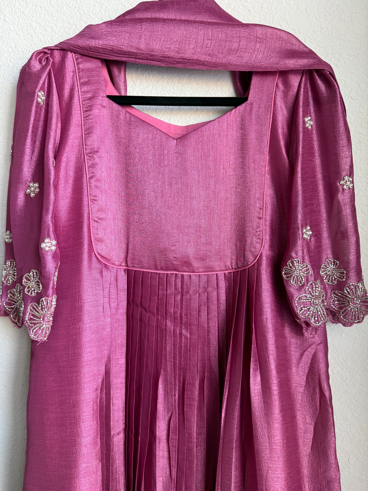 Magenta shade blooming silk handwork pleated anarkali set