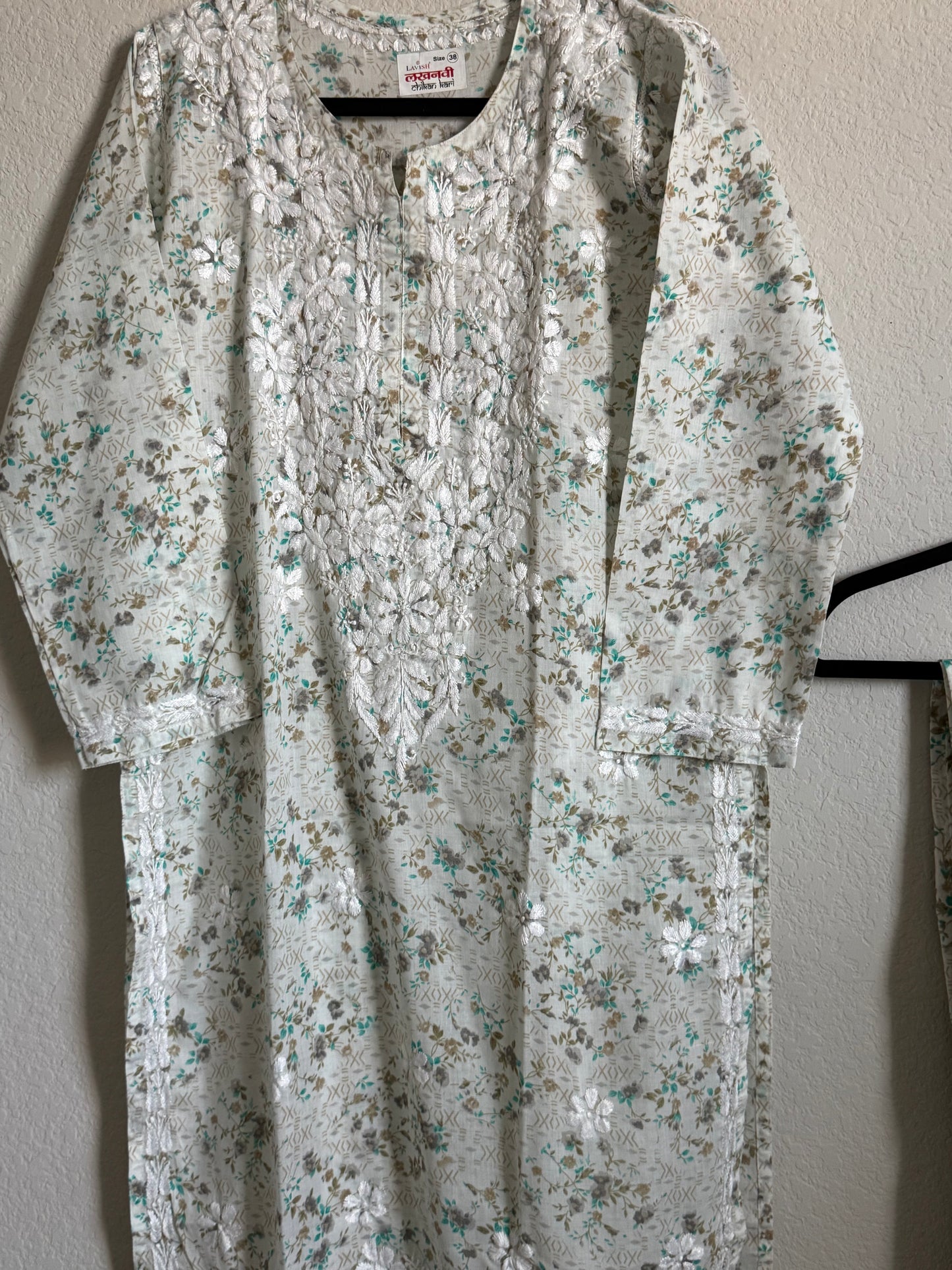 Green Floral Printed Cotton Chikankari Coord Set - Top with Palazzo