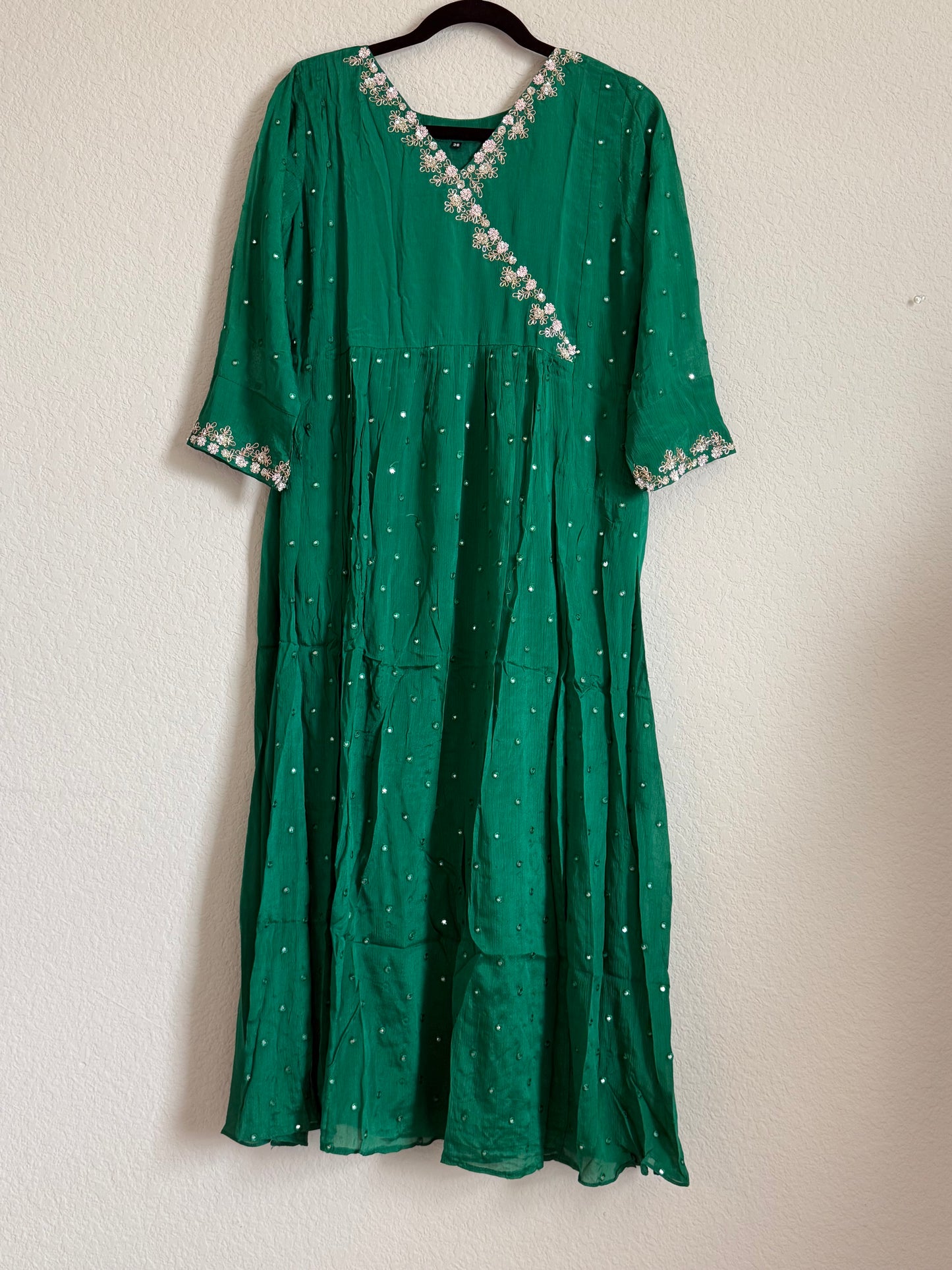 Green chinnon mirror maggam work tunic