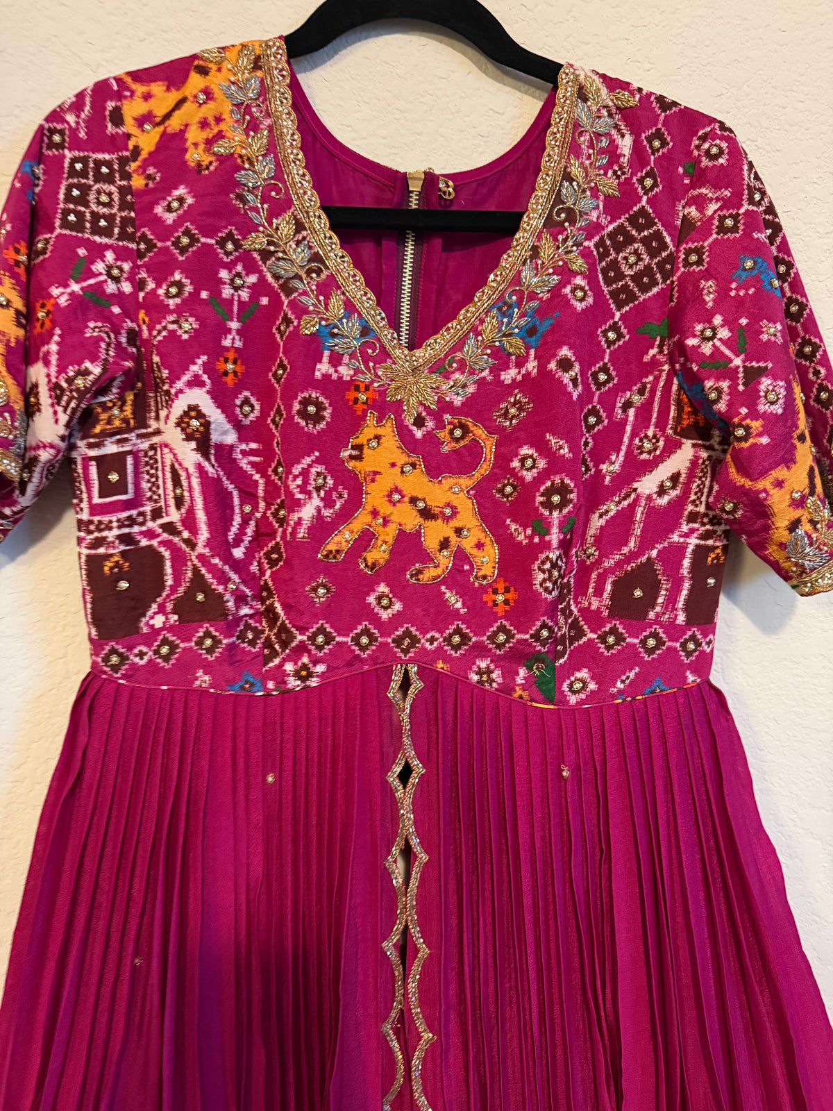 Magenta Orange Pure Patola Peplum Top with Skirt Set