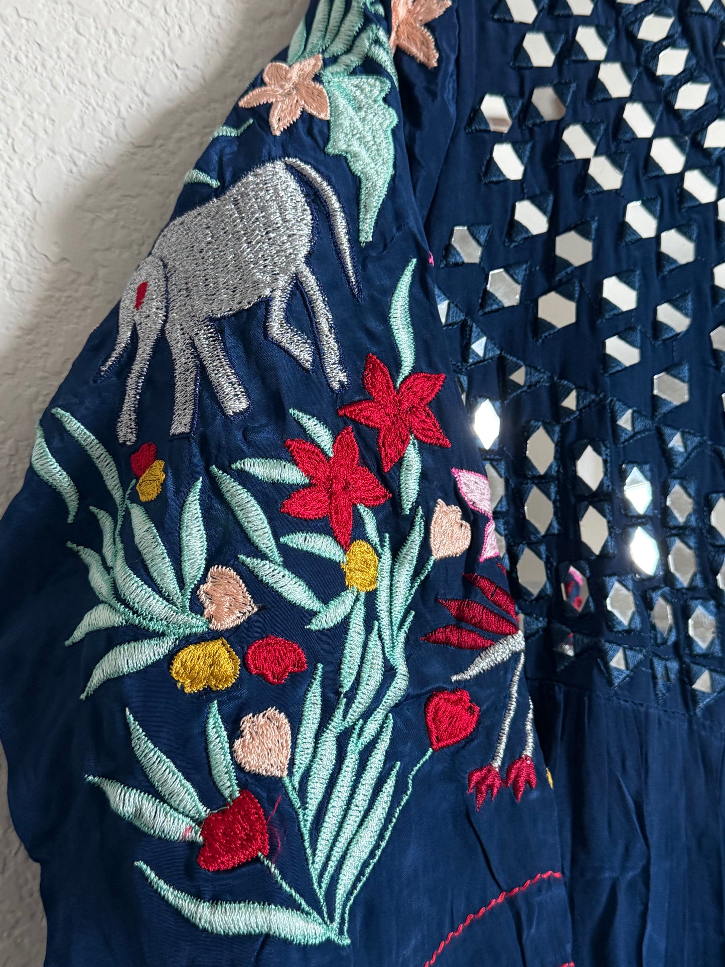 Navy Blue Heavy mirror work chinnon embroidered gown