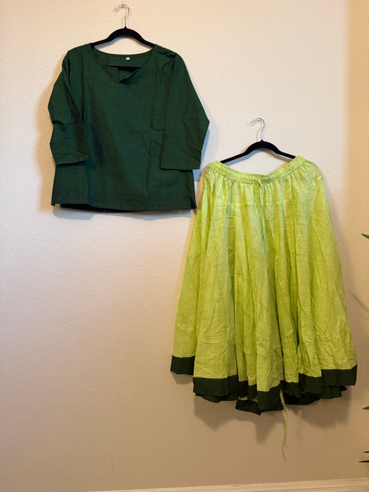 Pista green cotton skirt with green top - set