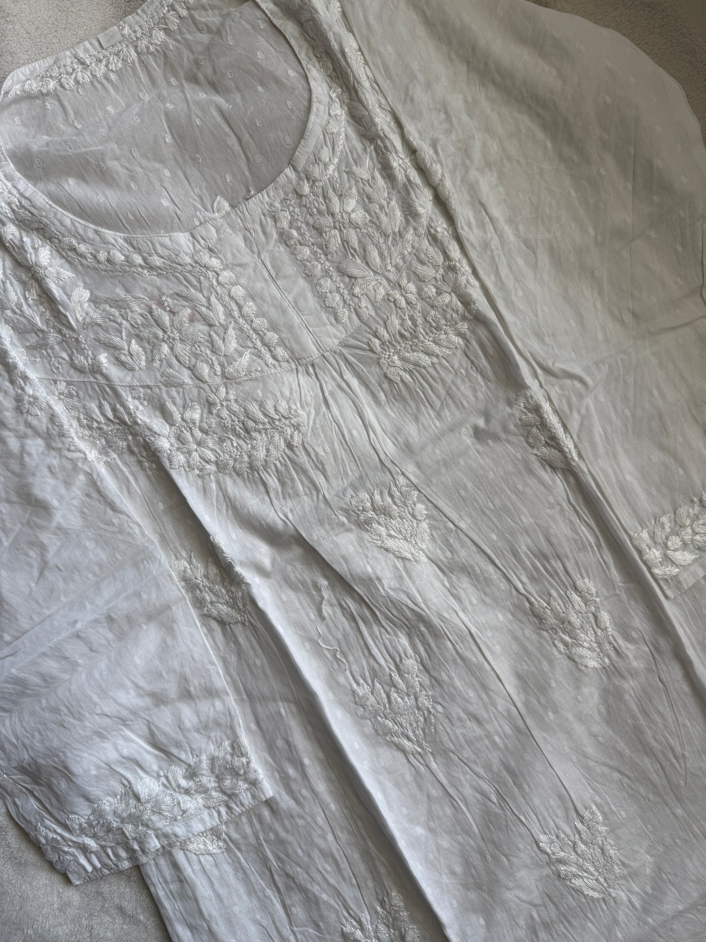 White dolby cotton chikankari short kurti