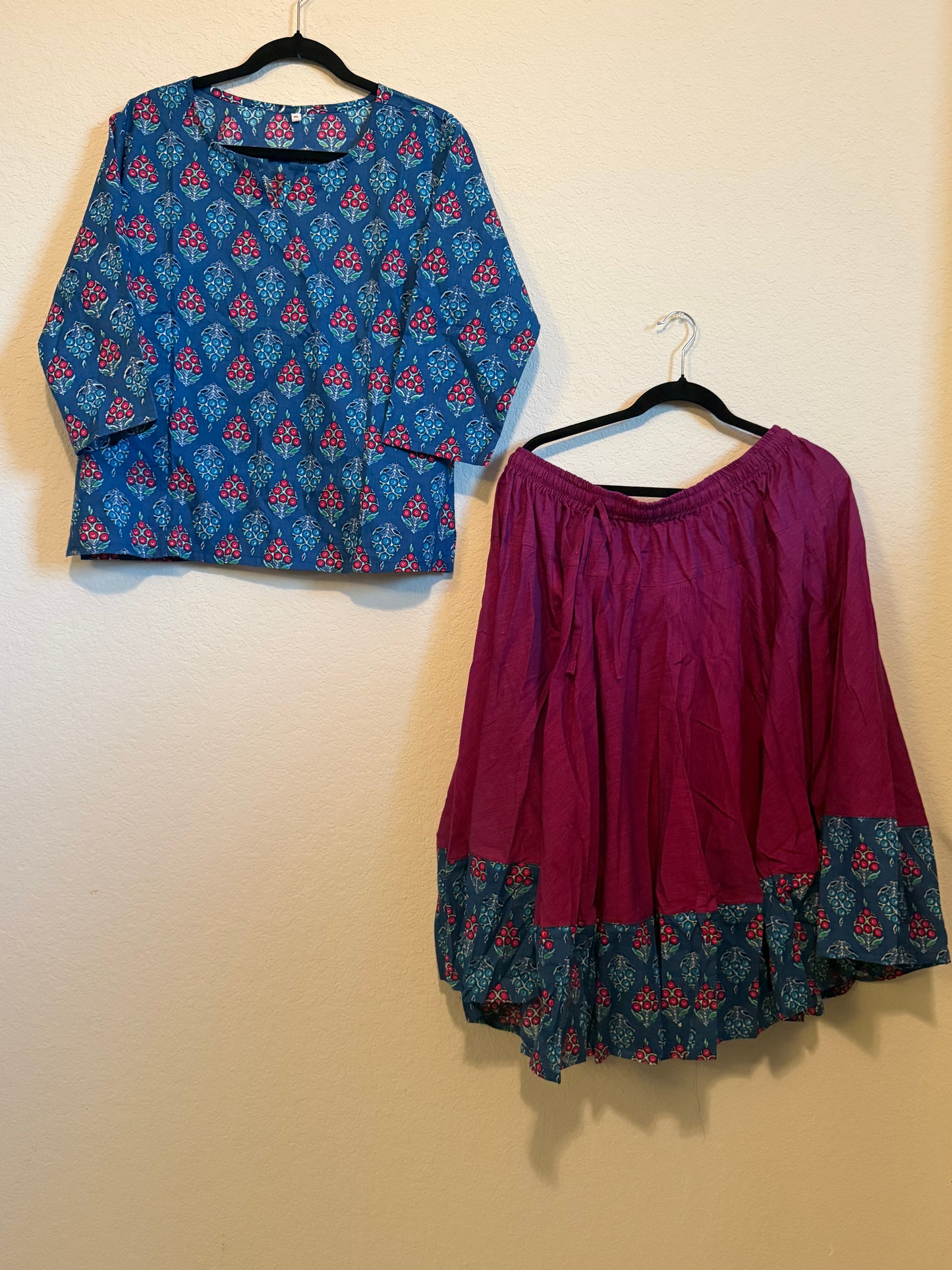 Magenta cotton skirt with indigo blue top - set