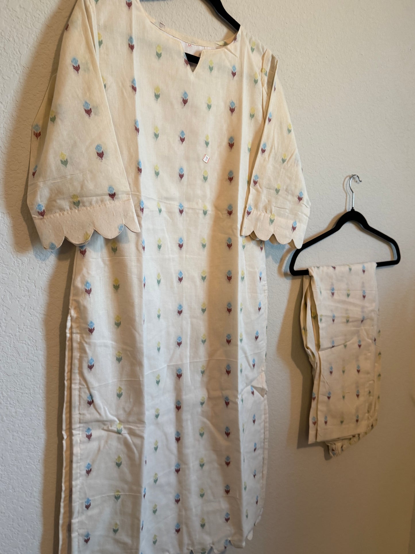 Half White Cotton Straight Cut Customized Coord Set