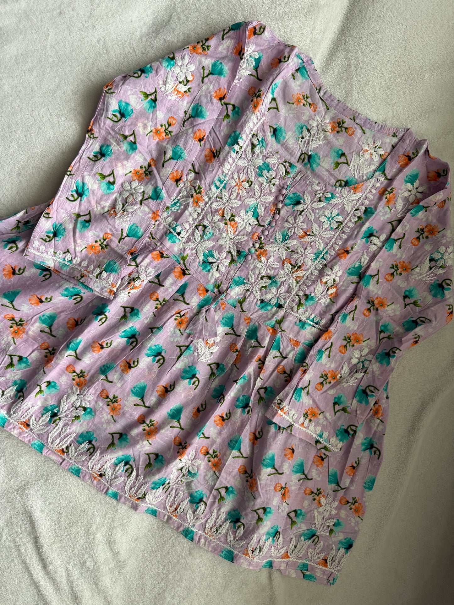 Lavendar chikankari short kurti - peplum style