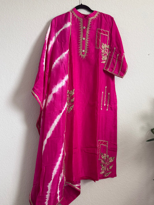 Pink Dola Silk Heavy Work Straight Cut Kurti Set with Leheriya Dupatta