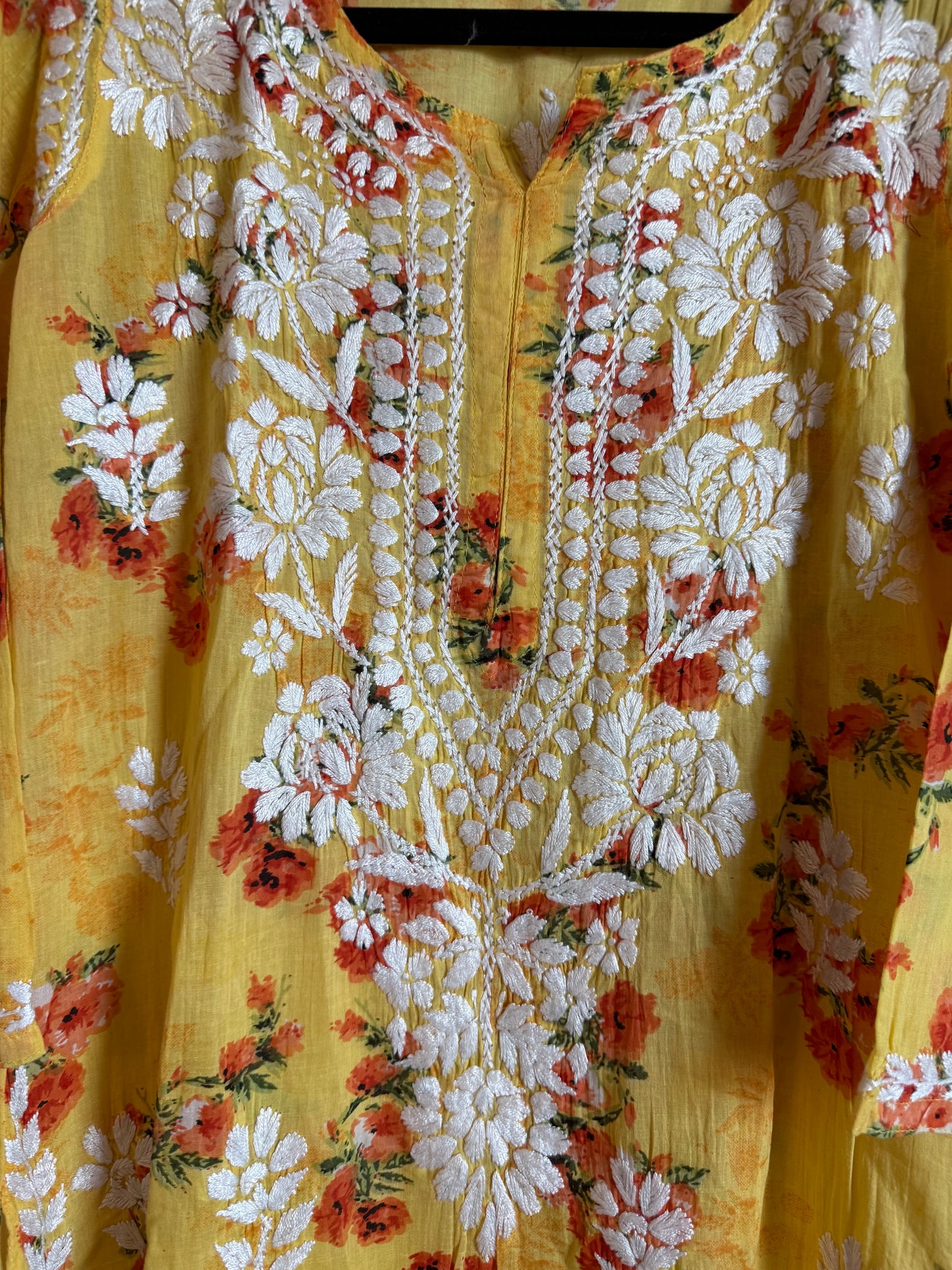 Yellow Floral Printed Cotton Chikankari Coord Set - Top with Palazzo