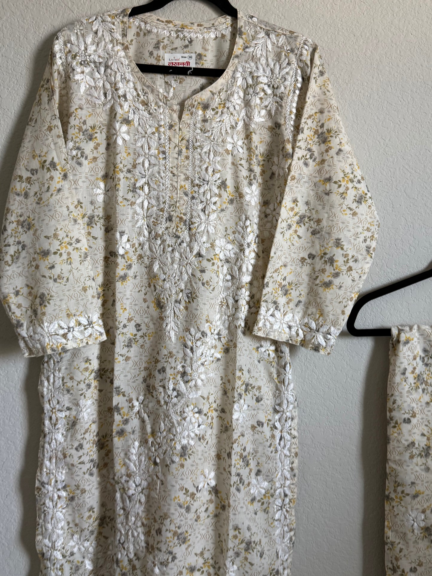 Yellow Floral Printed Cotton Chikankari Coord Set - Top with Palazzo