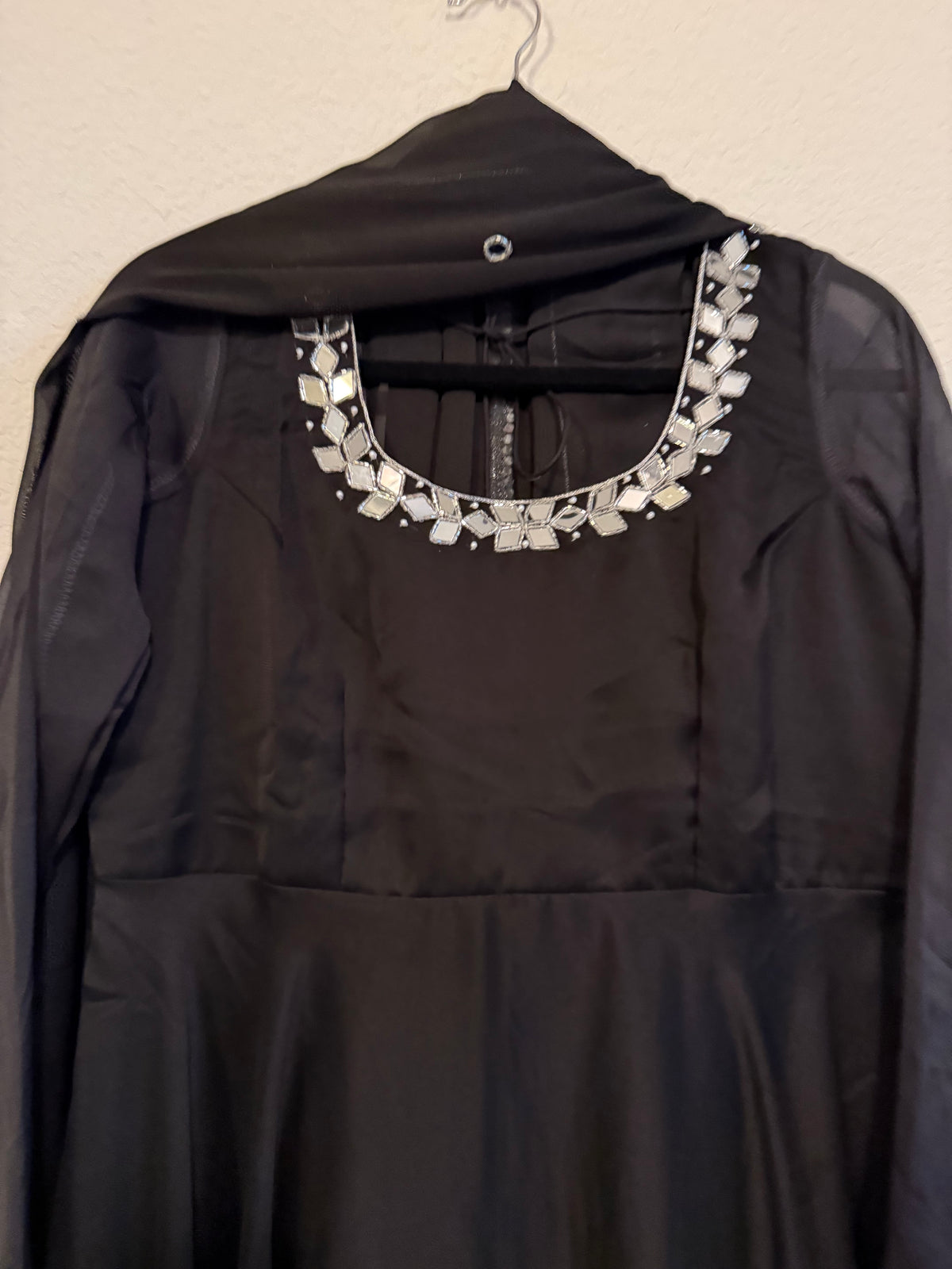 Black Mirror Work Georgette Heavy Flared Anarkali Set - Top and Dupatta