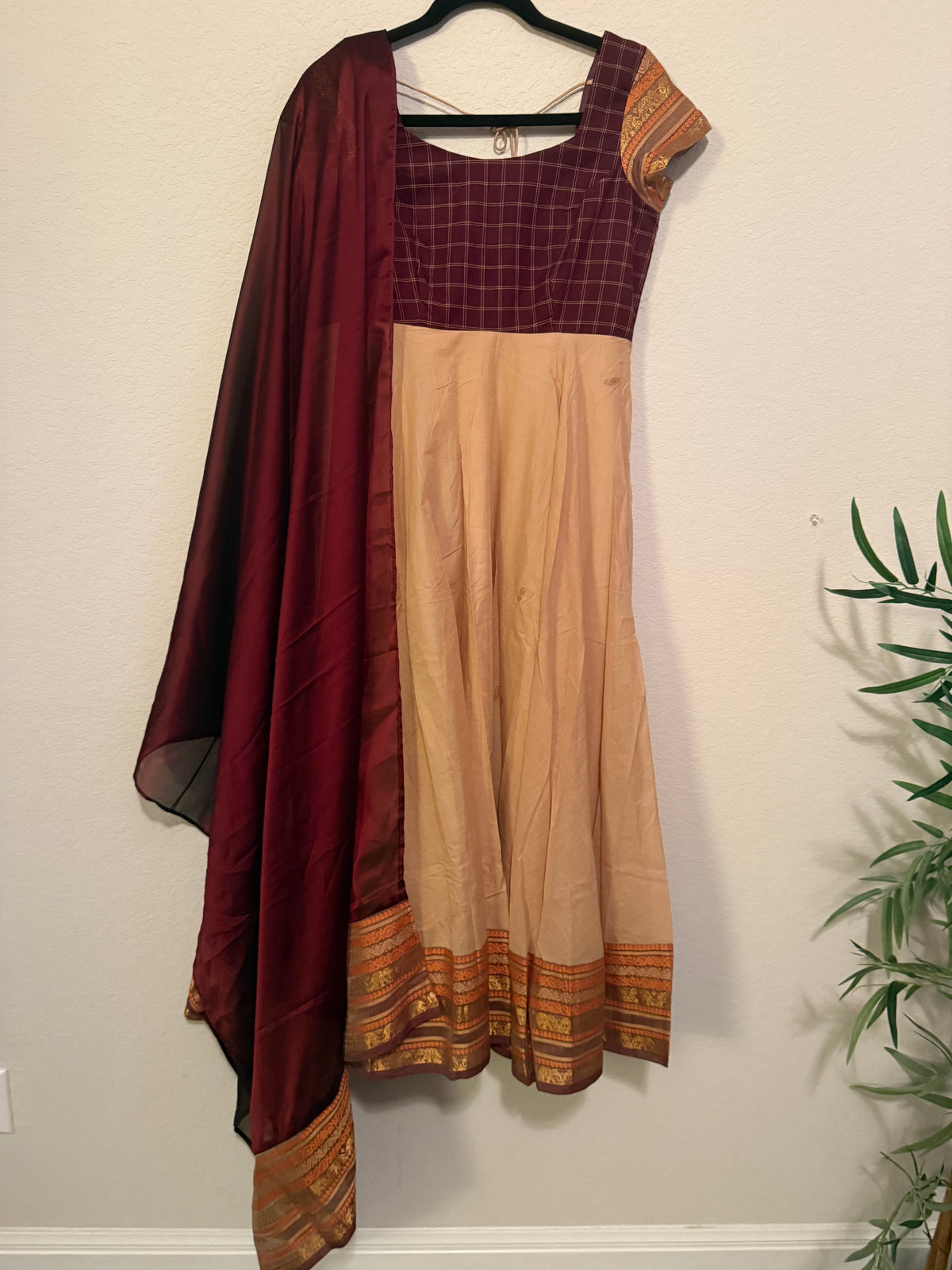 Premium Cream and Maroon Cotton Traditional Anarkali Set - Top and Dupatta