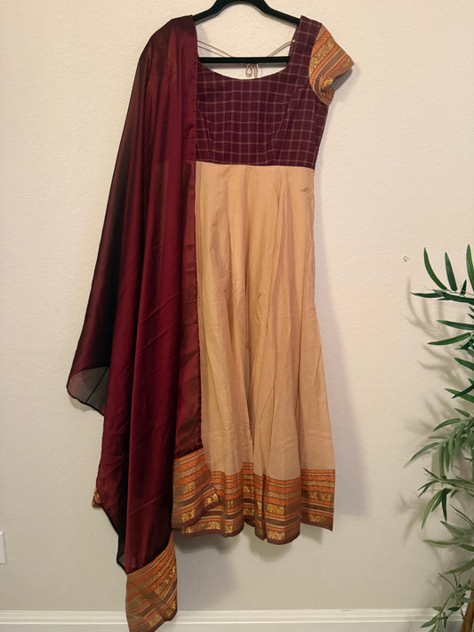 Premium Cream and Maroon Cotton Traditional Anarkali Set - Top and Dupatta