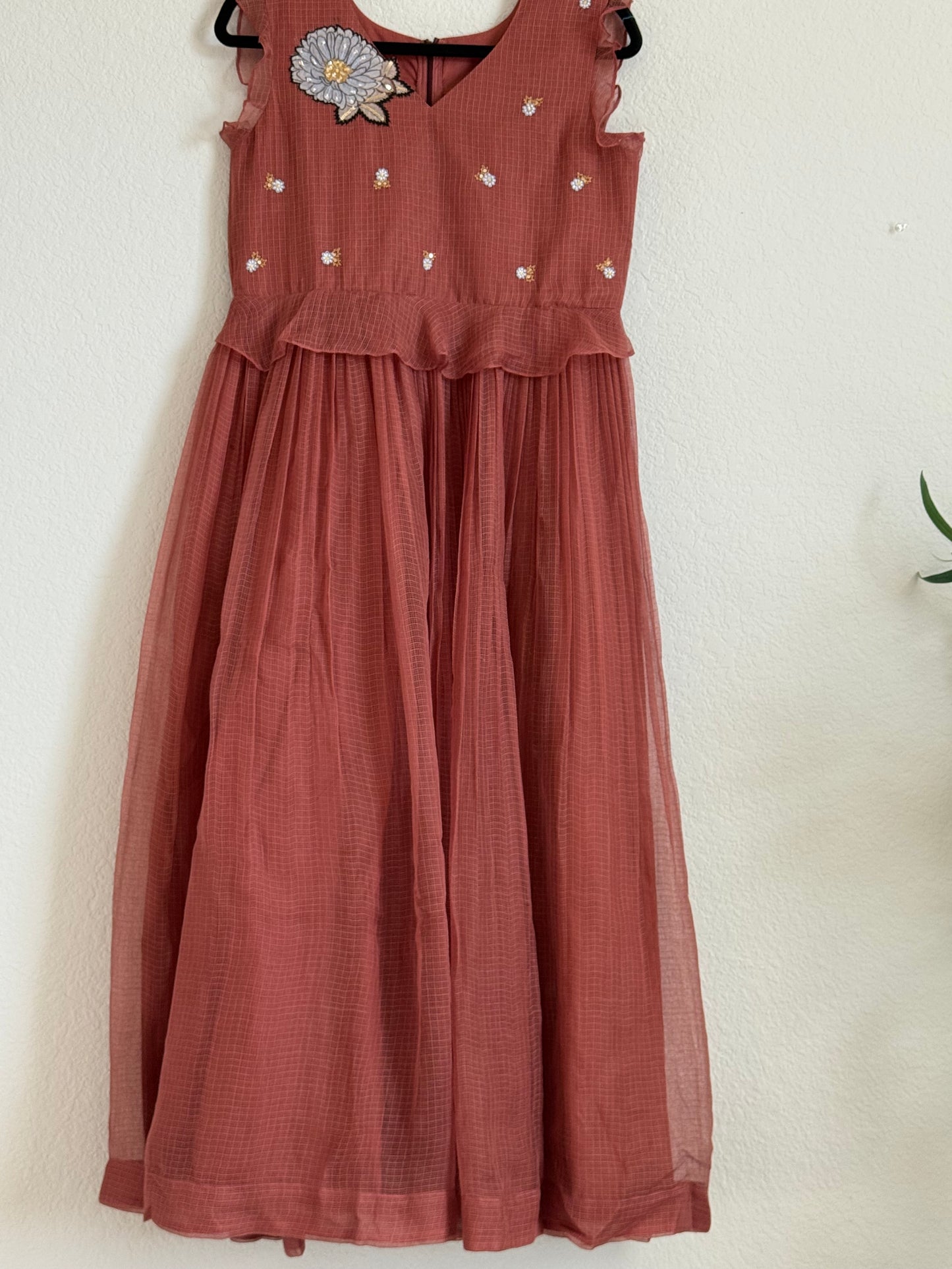 Brown Kota Applique Maggam Work Dress