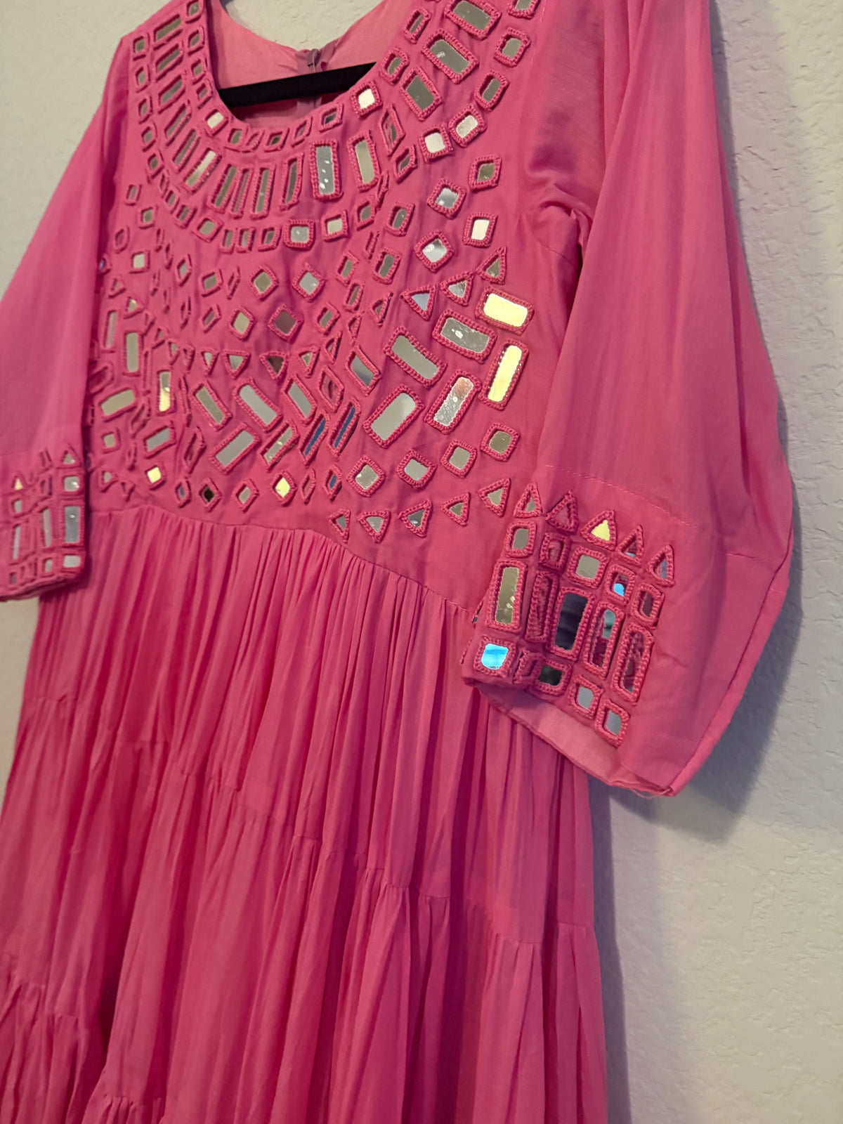 Pink Mirror Work Heavy Flared Anarkali Long Dress