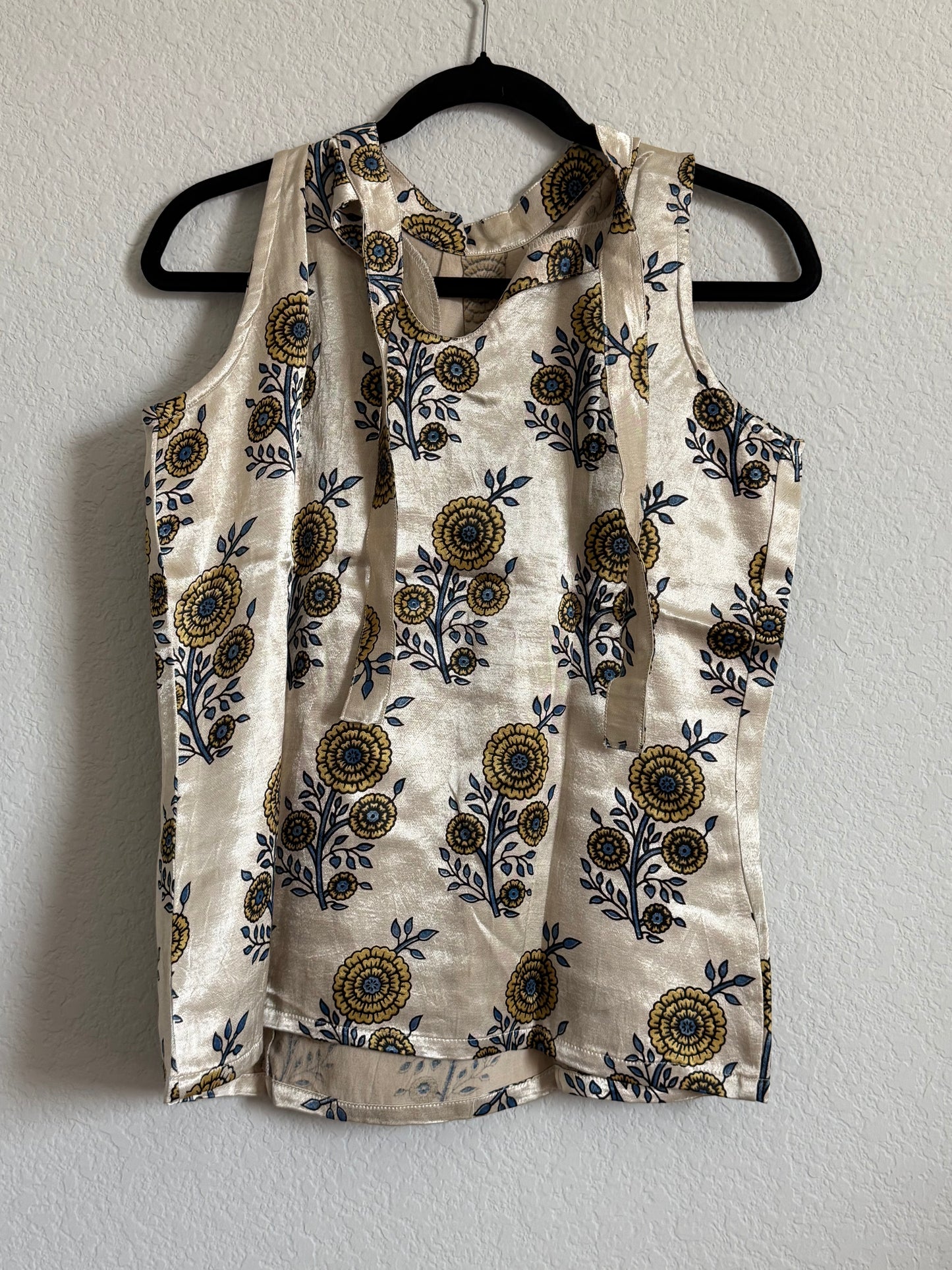 Ajrakh Floral Print Mashru Silk Sleeveless Halter Neck Short Top