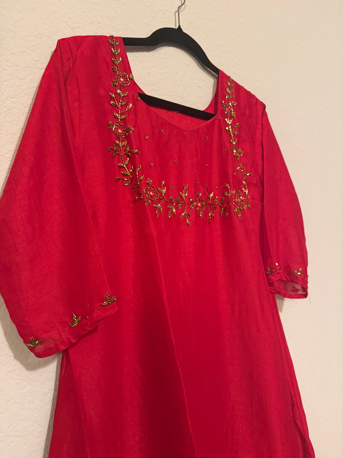 Red Vichitra Silk A-line Handwork Festive Kurti