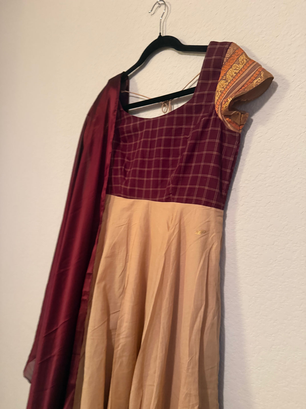 Premium Cream and Maroon Cotton Traditional Anarkali Set - Top and Dupatta