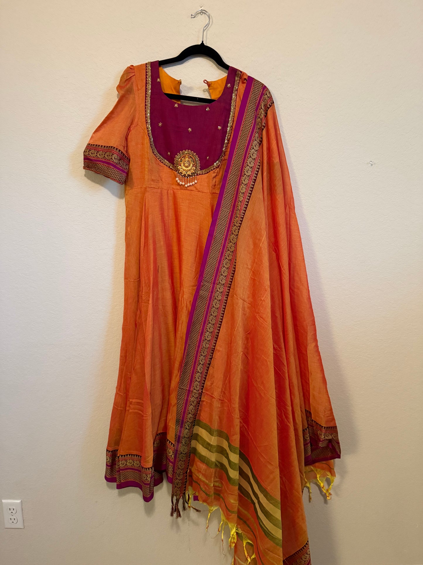 Orange Narayanpet Maggam Work Anarkali with Dupatta