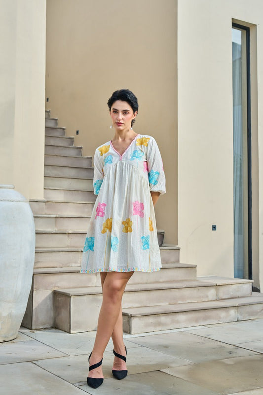 White blue yellow cotton embroidery short dress