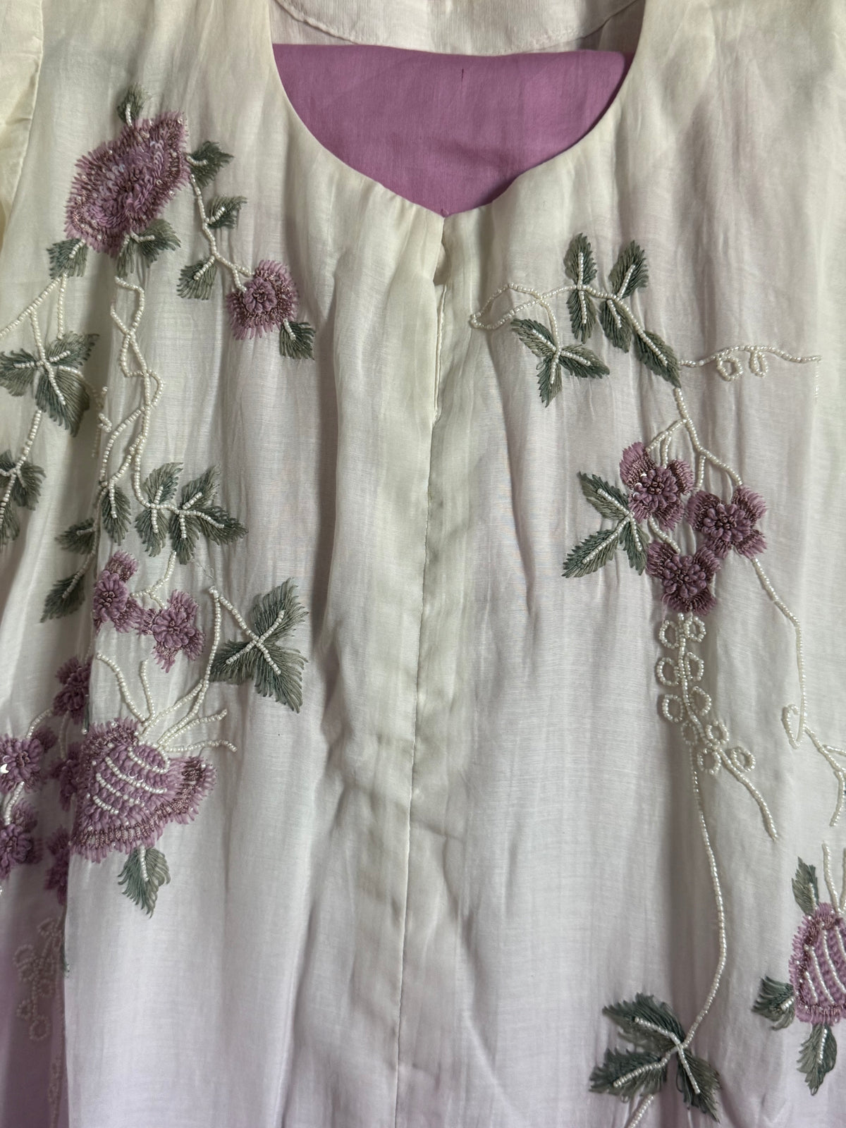 Half white and light pink mul chanderi handwork aline suit