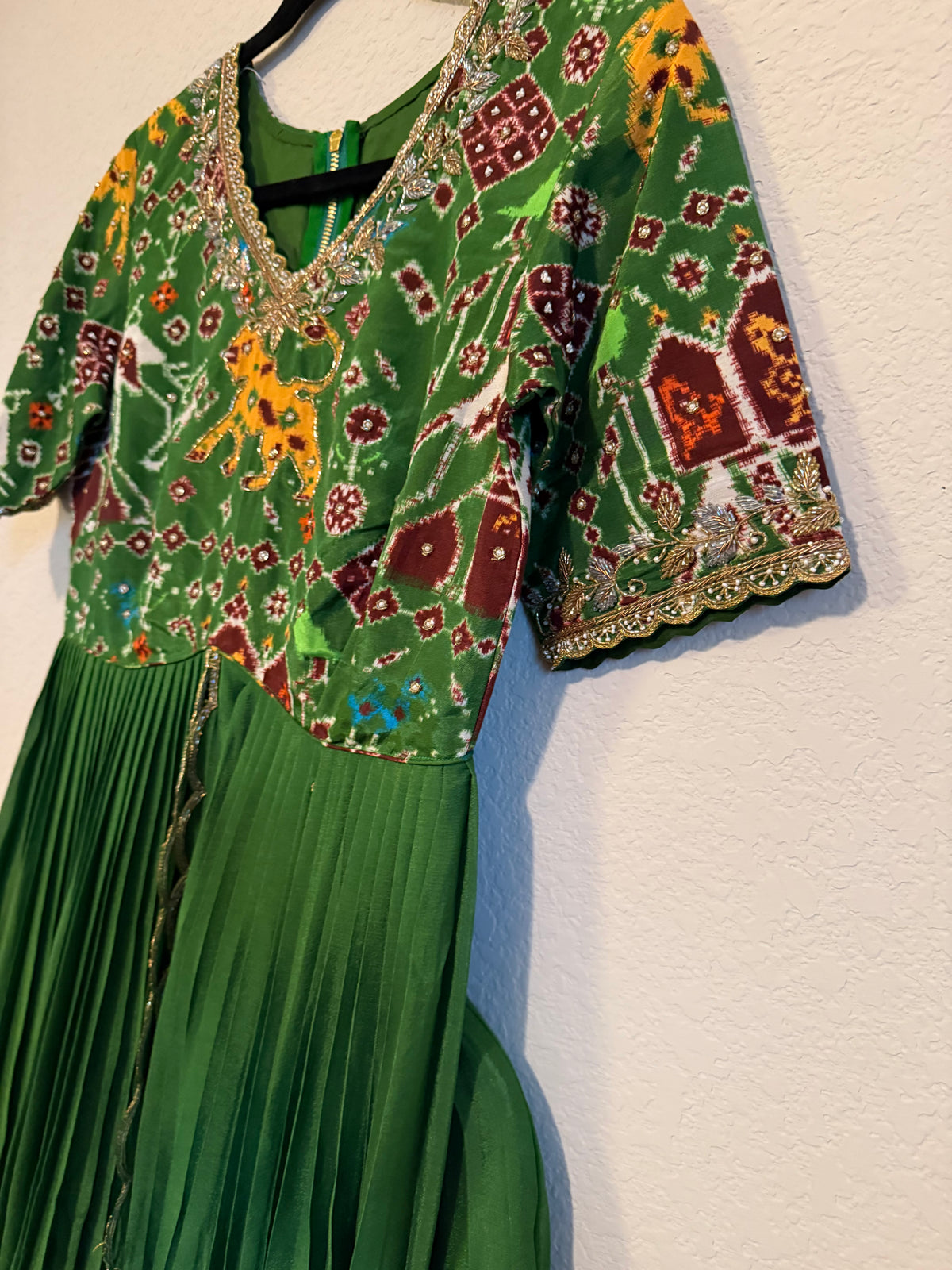 Green Pure Patola Peplum Top with Skirt Set