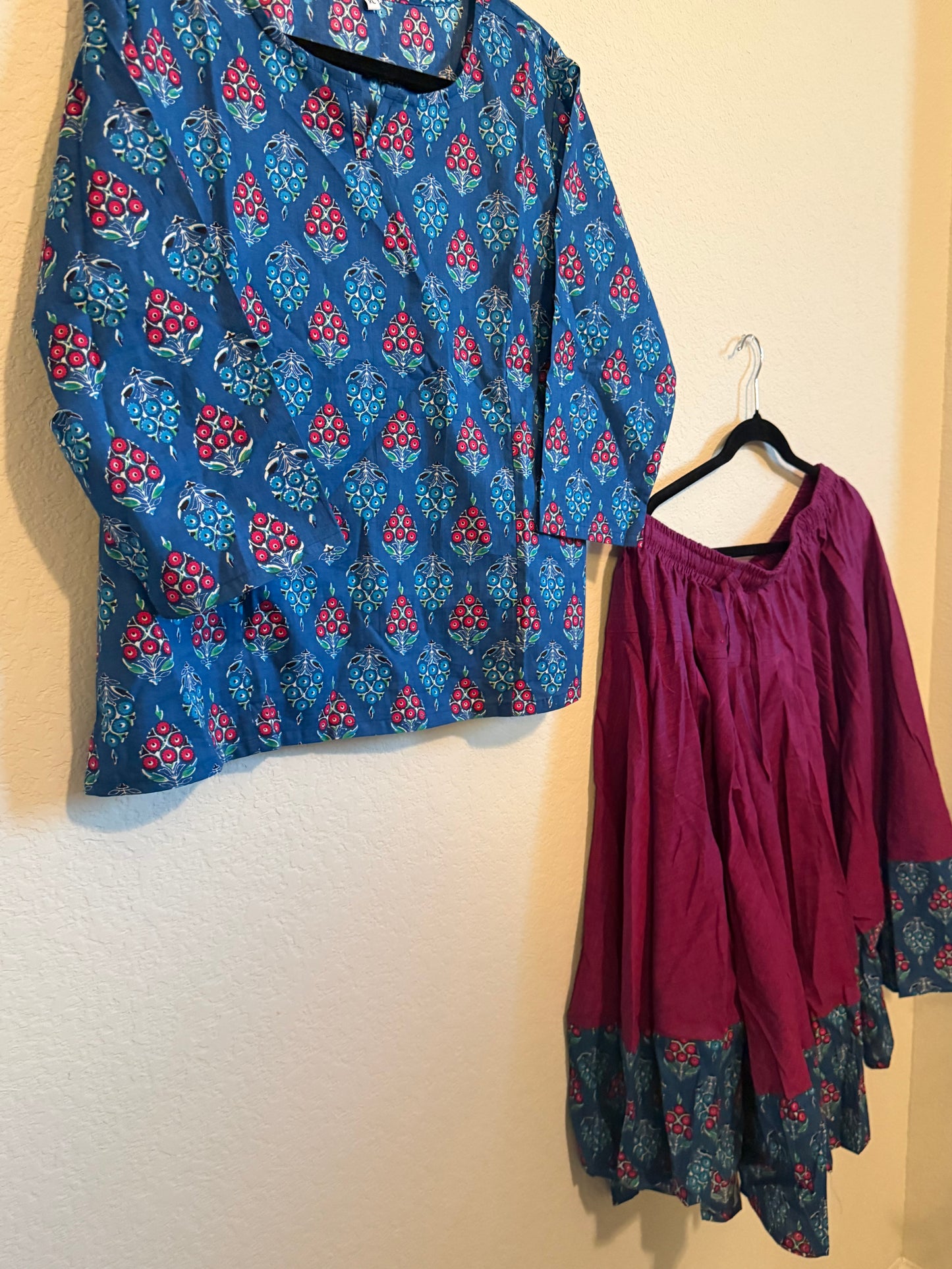 Magenta cotton skirt with indigo blue top - set