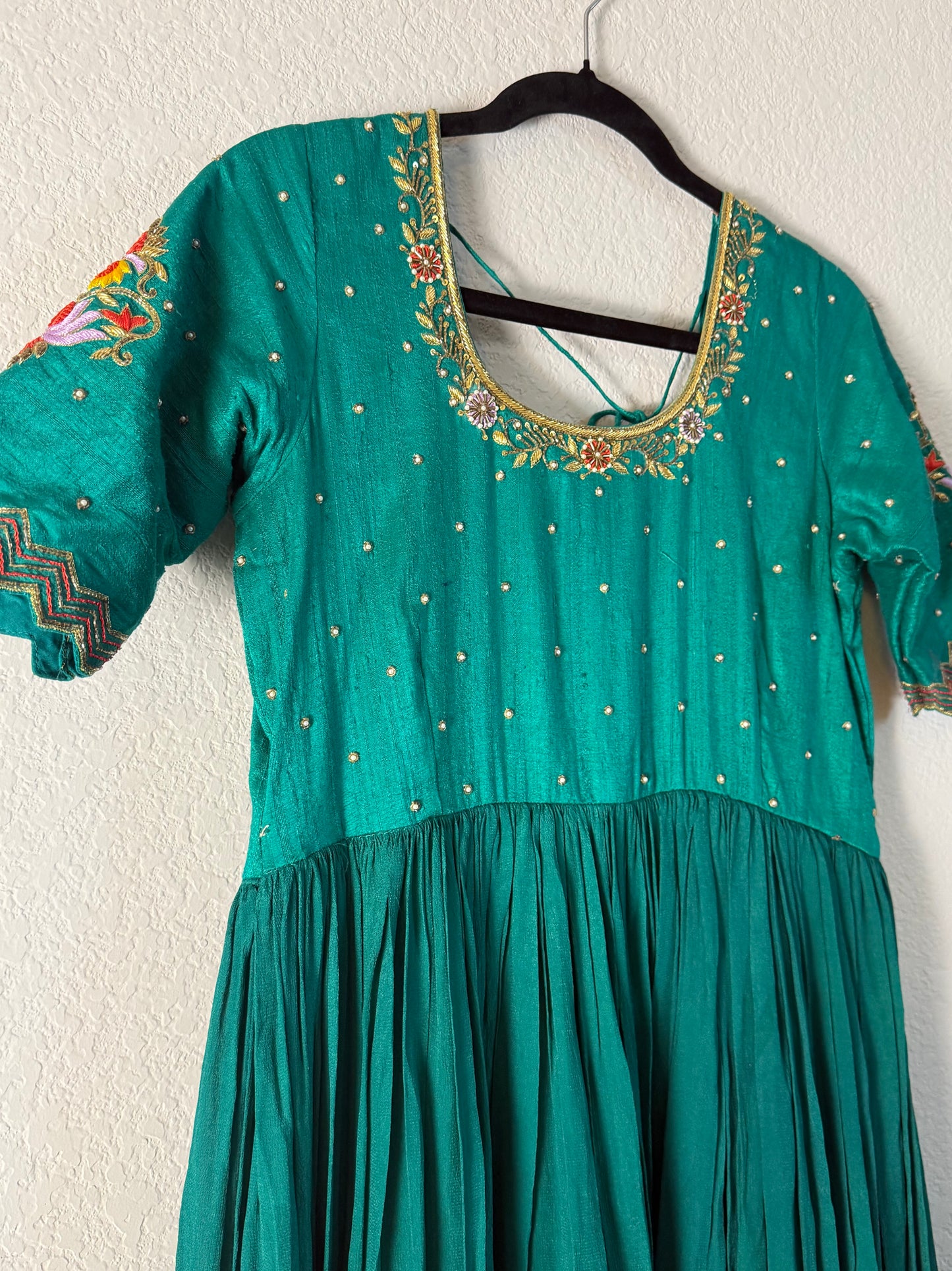 Green Georgette Maggam Work Long Dress