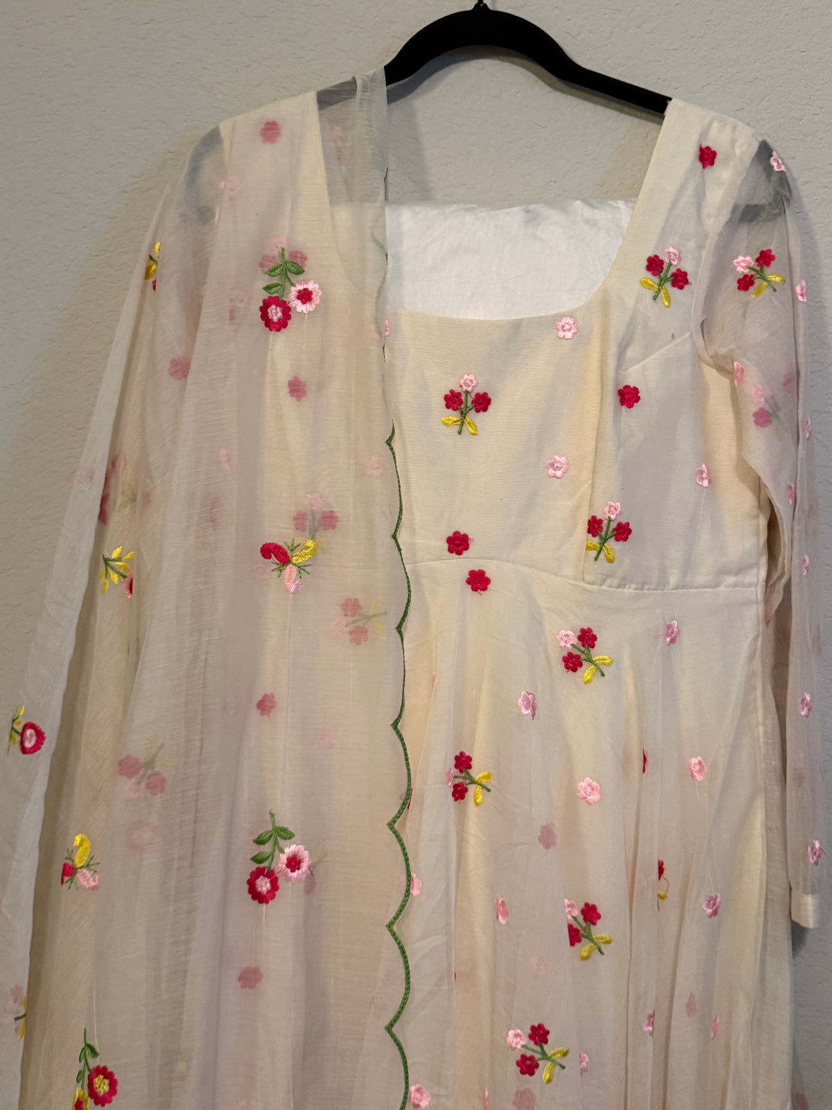 Ivory Shade Mul Chanderi Heavy Flared Floral Anarkali Set - Top, Pant and Dupatta