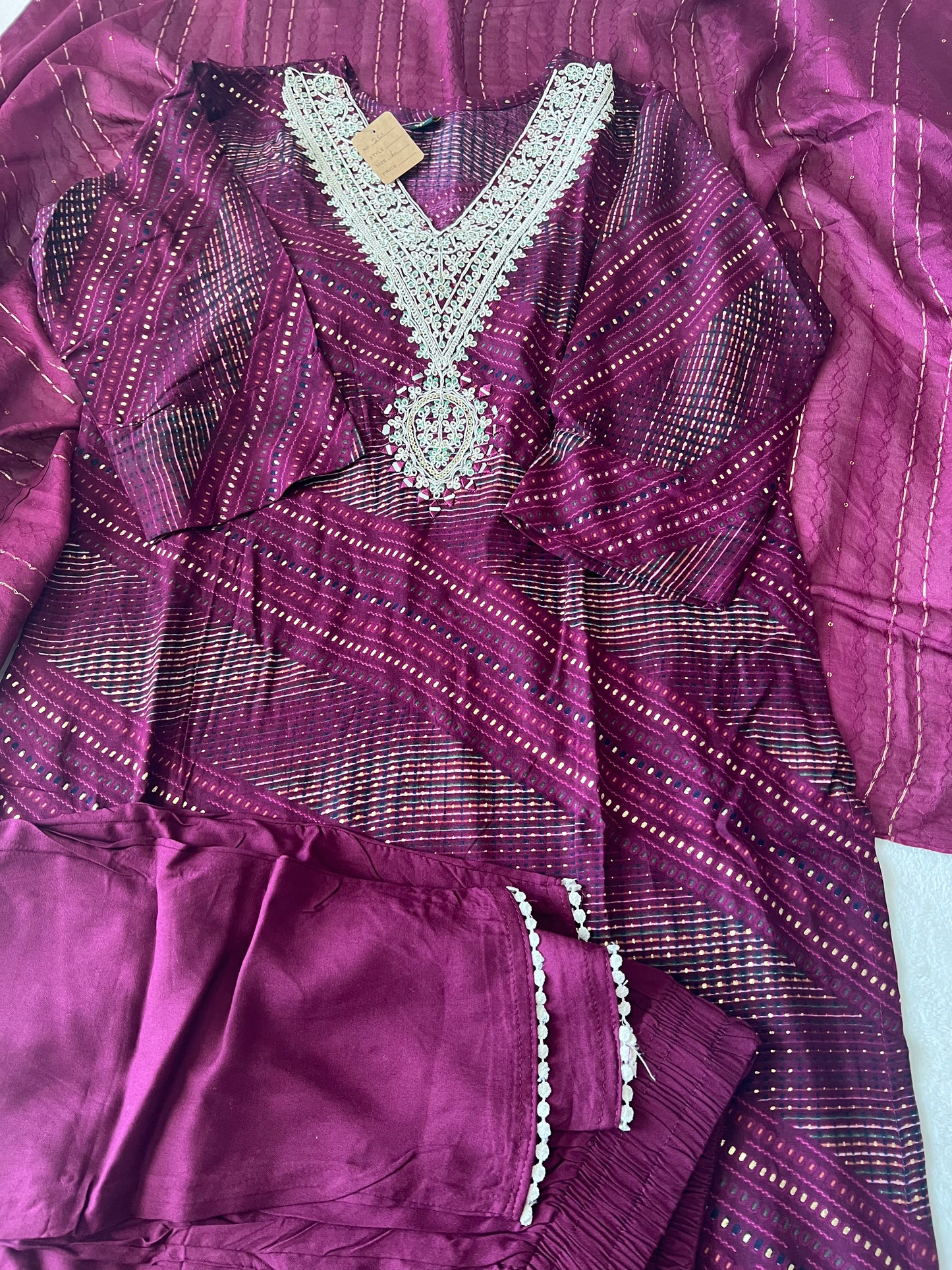 Wine Rayon Kurti set with sequin dupatta