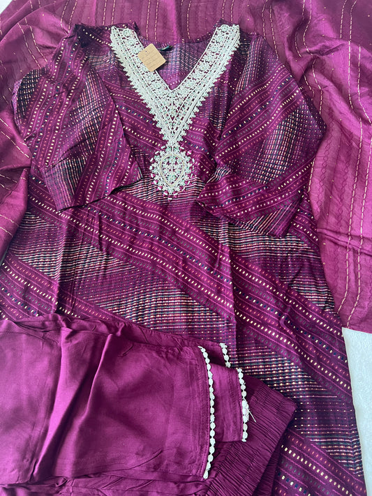 Wine Rayon Kurti set with sequin dupatta