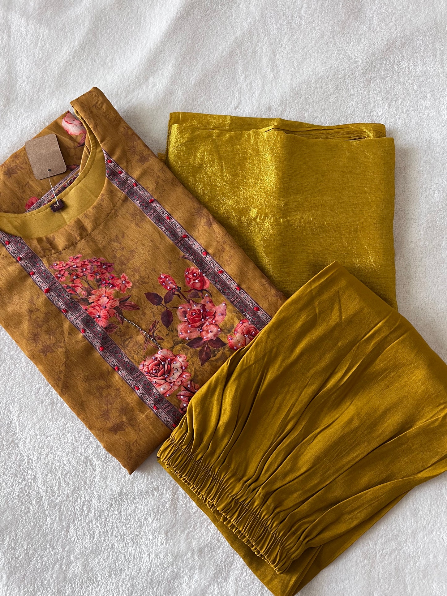 Yellow mustard muslin kurti set with floral design and chiffon duppatta