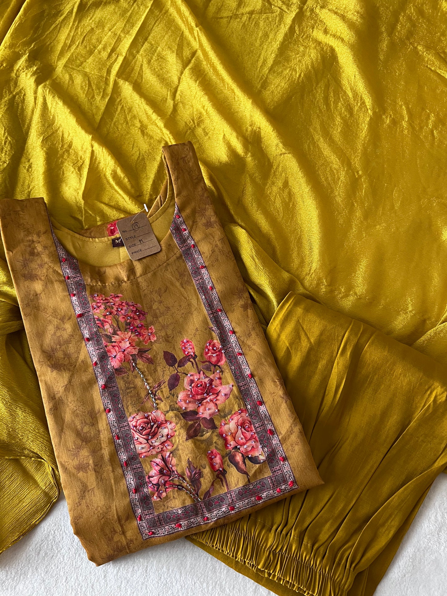 Yellow mustard muslin kurti set with floral design and chiffon duppatta