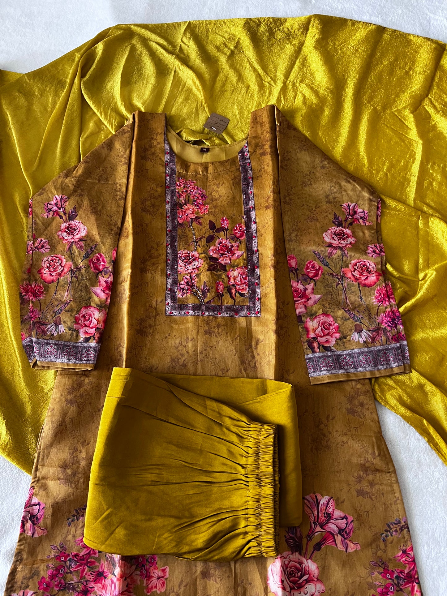 Yellow mustard muslin kurti set with floral design and chiffon duppatta