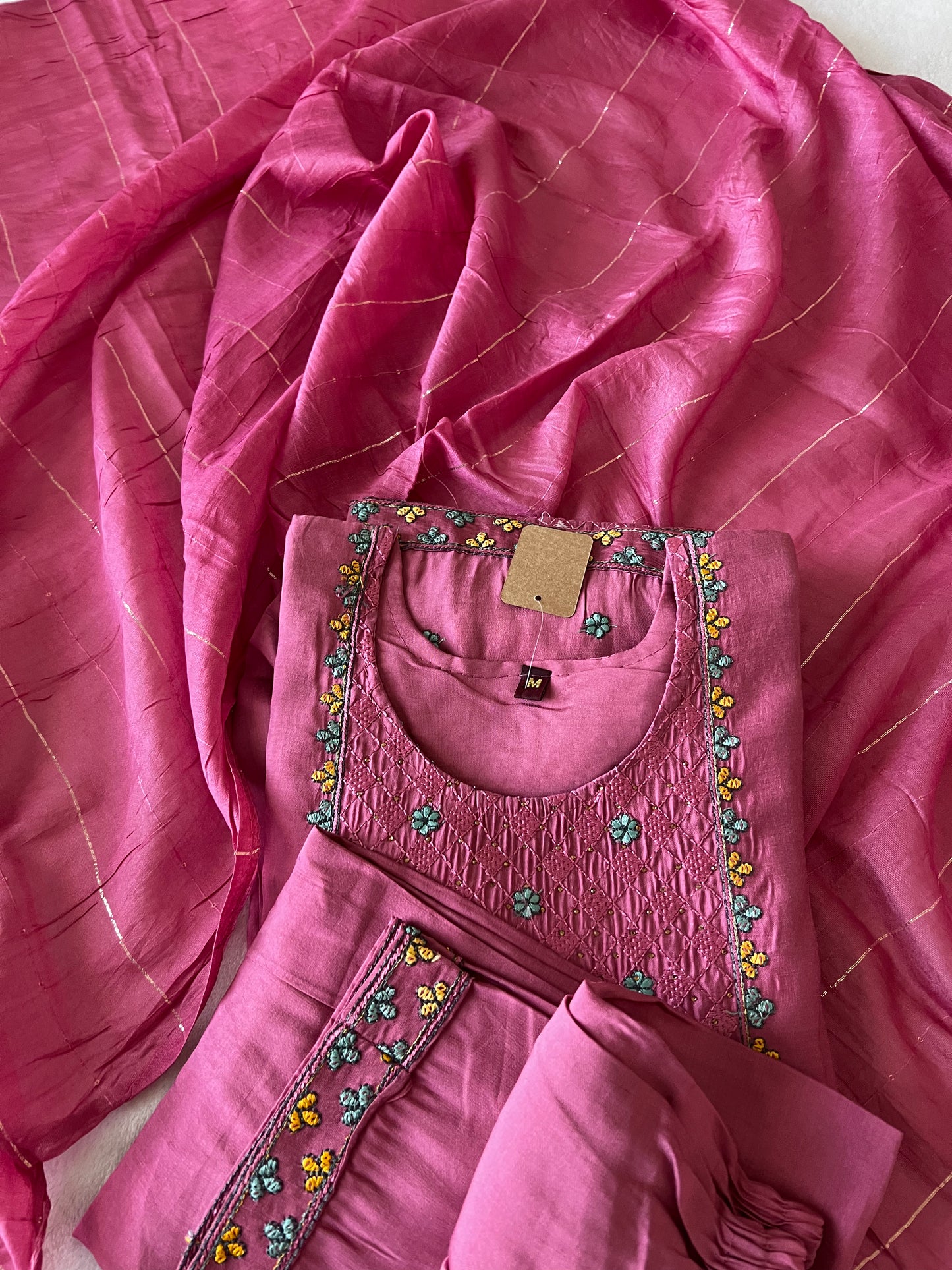 Mauve pink floral embroidery elegant kurti set