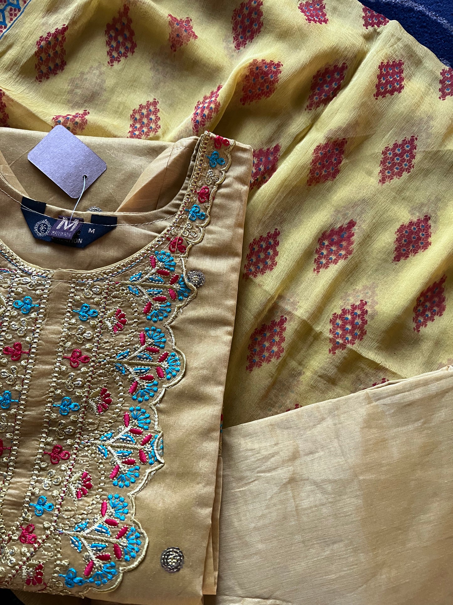 Mustard yellow chanderi kurti set with embroidery