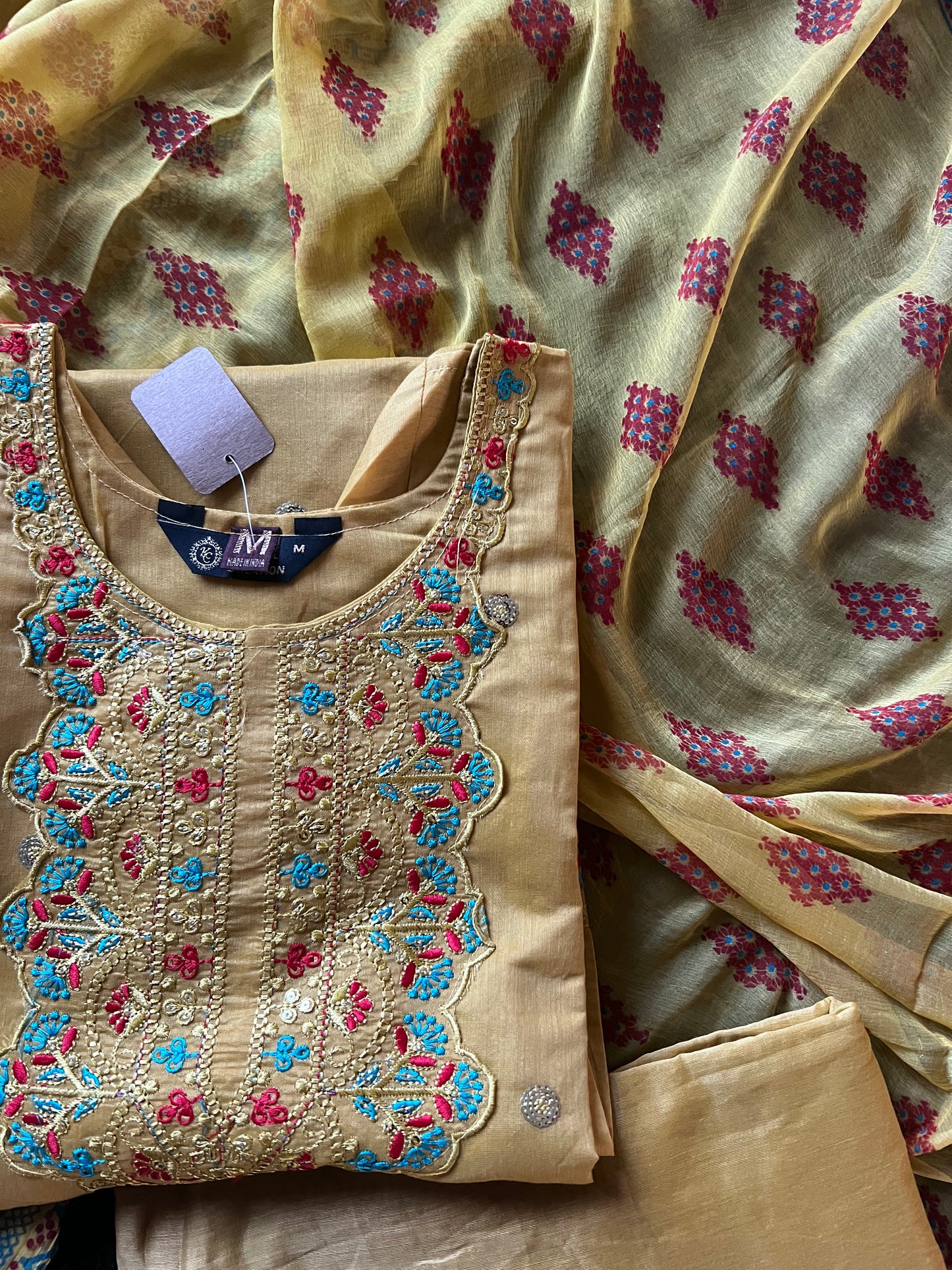 Mustard yellow chanderi kurti set with embroidery