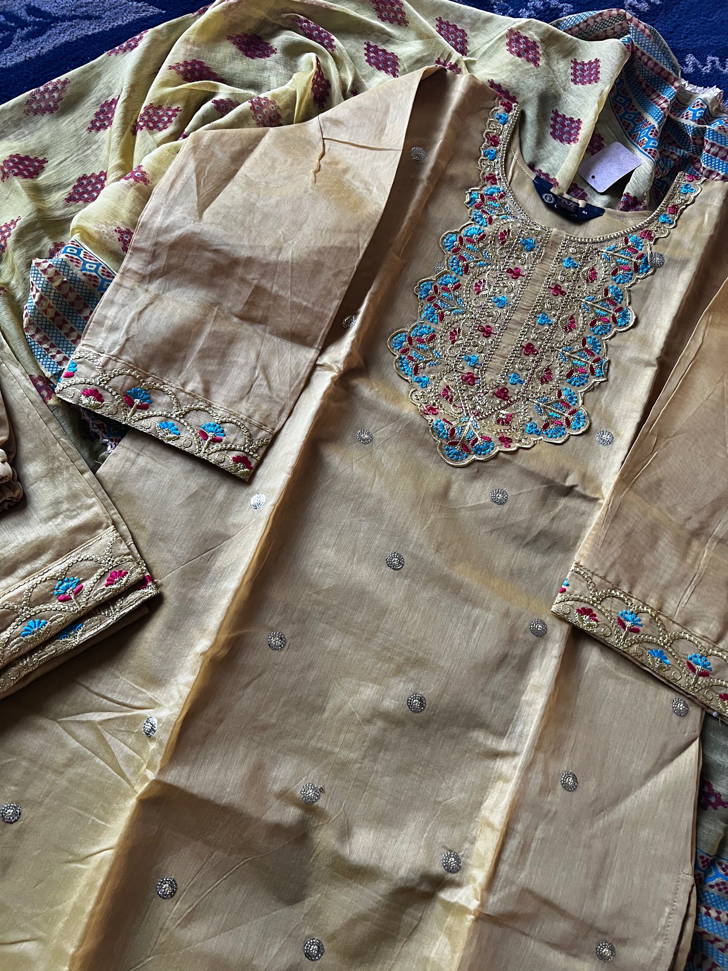 Mustard yellow chanderi kurti set with embroidery