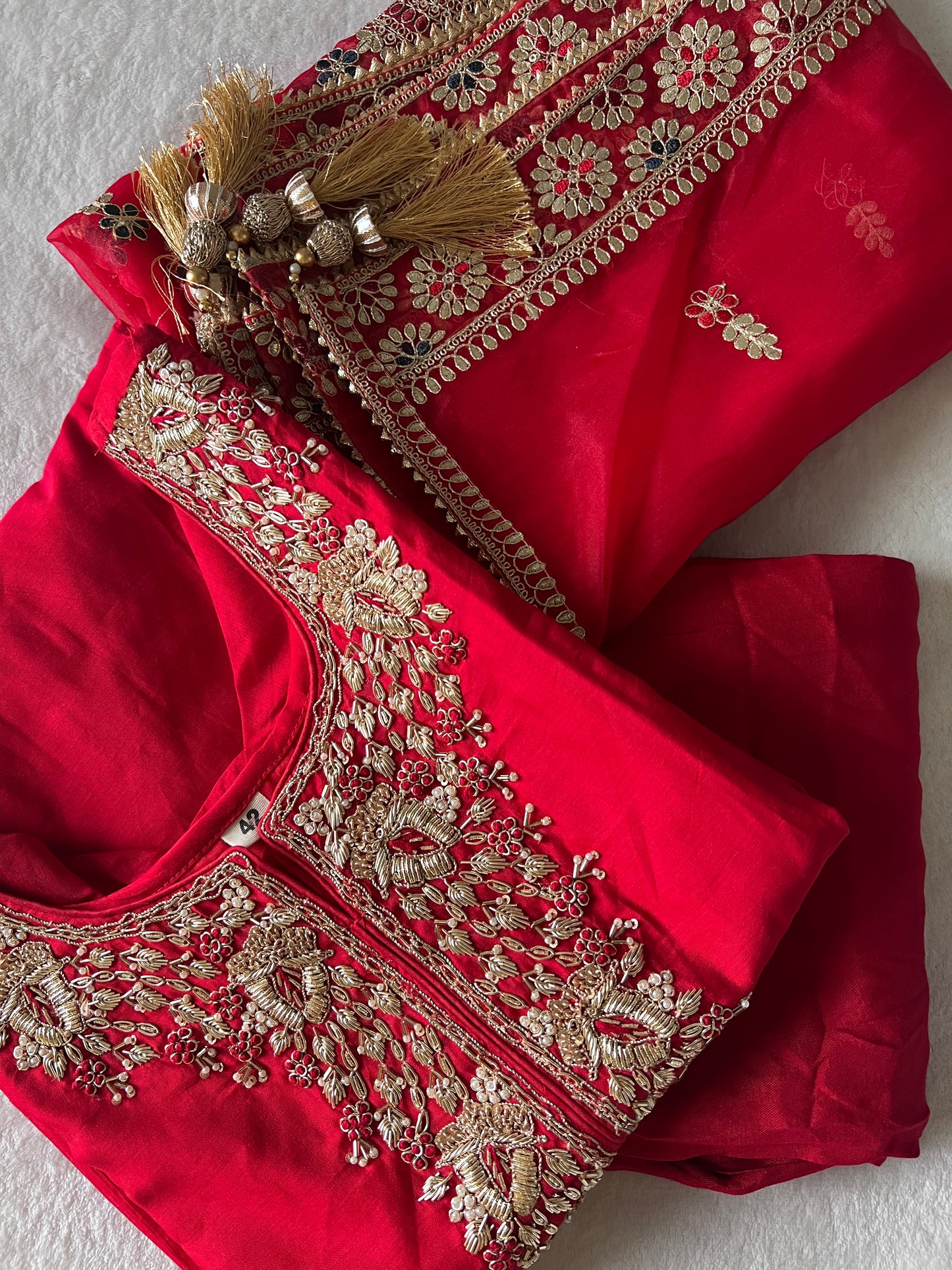 Beautiful designer wear heavy handwork red kurti set with organza dupatta