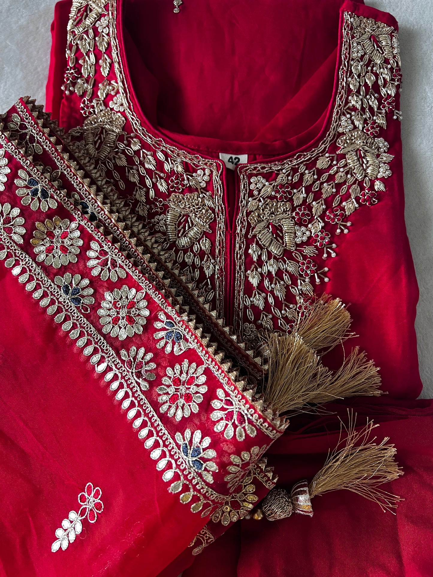 Beautiful designer wear heavy handwork red kurti set with organza dupatta