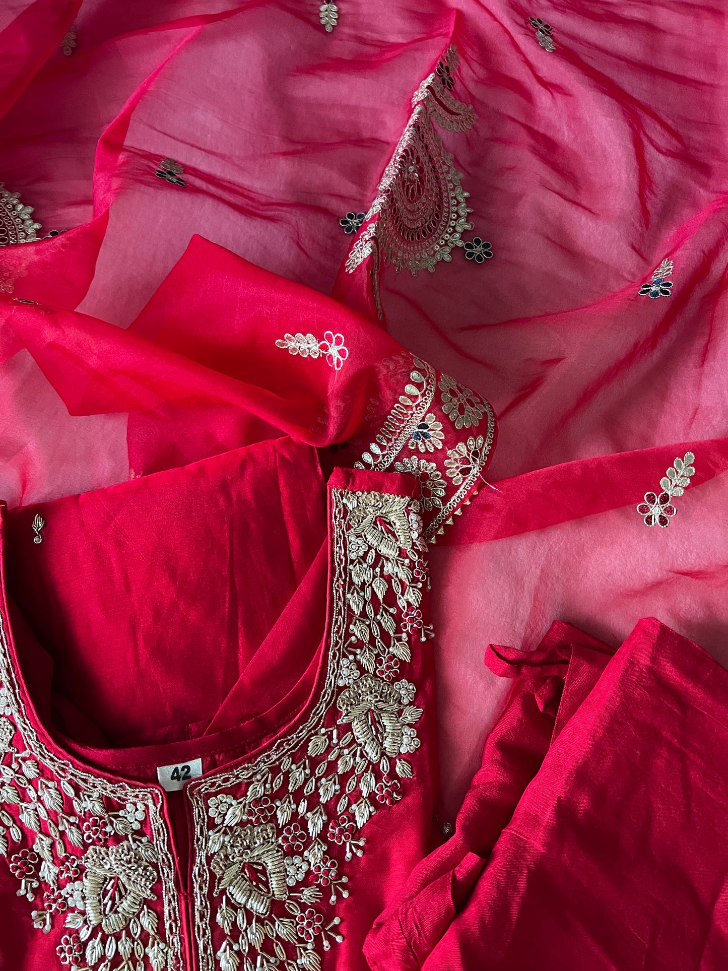 Beautiful designer wear heavy handwork red kurti set with organza dupatta