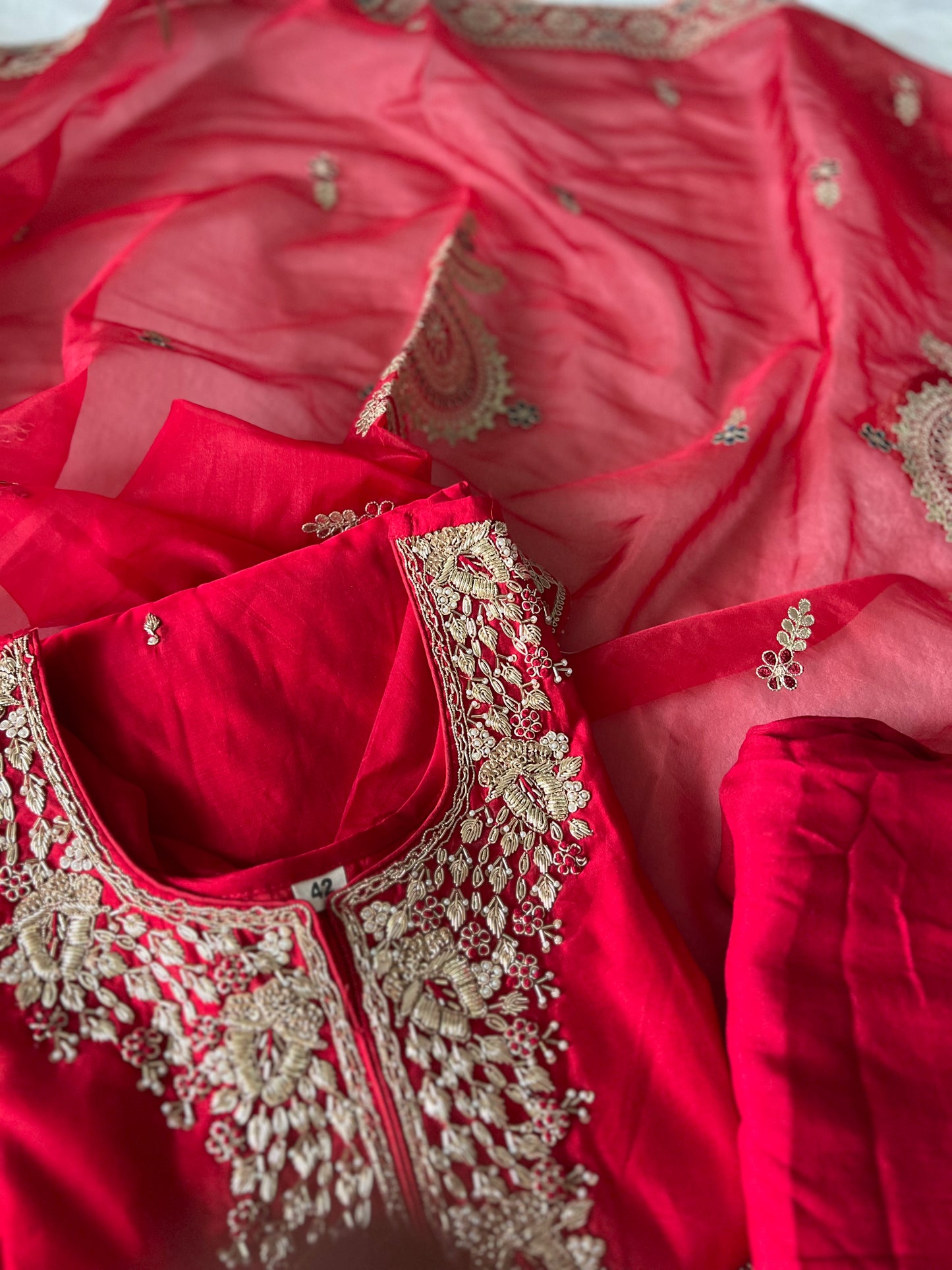 Beautiful designer wear heavy handwork red kurti set with organza dupatta