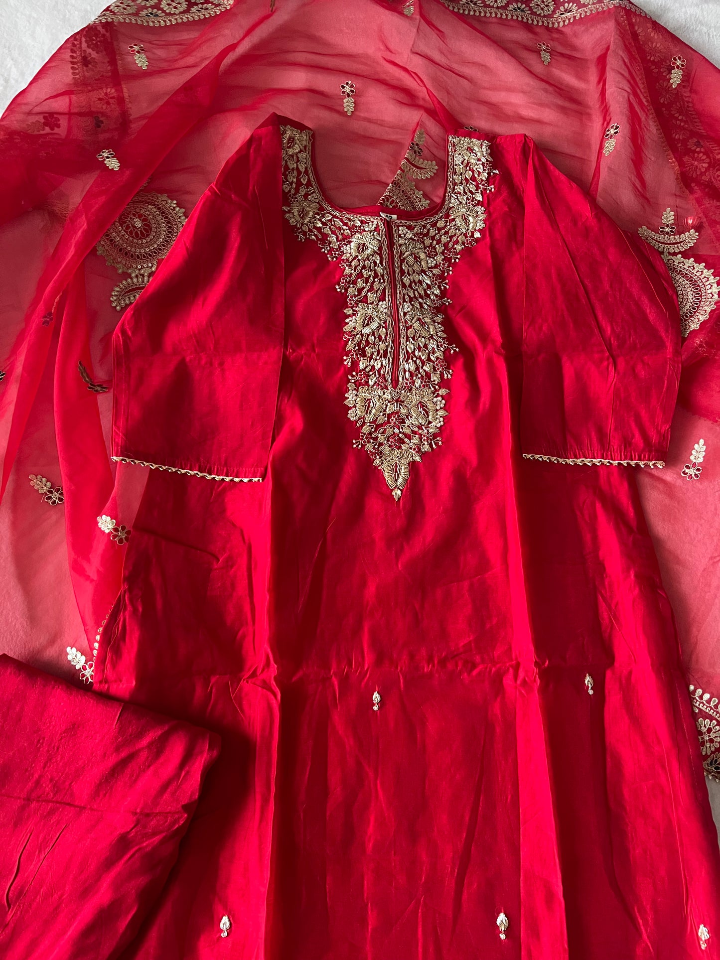 Beautiful designer wear heavy handwork red kurti set with organza dupatta
