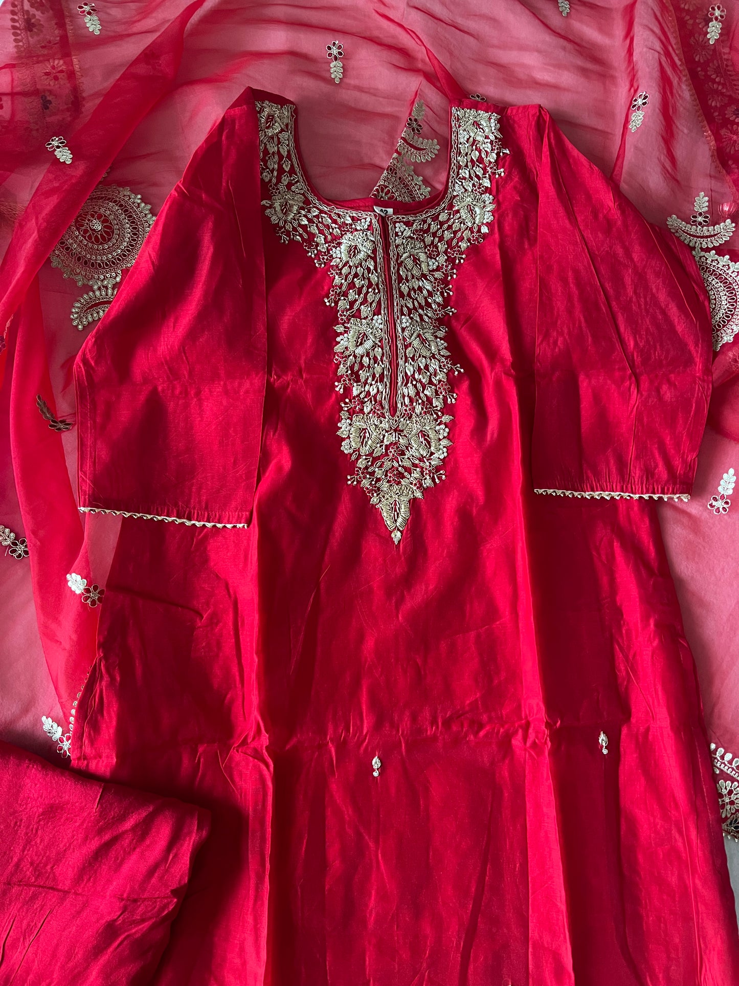 Beautiful designer wear heavy handwork red kurti set with organza dupatta